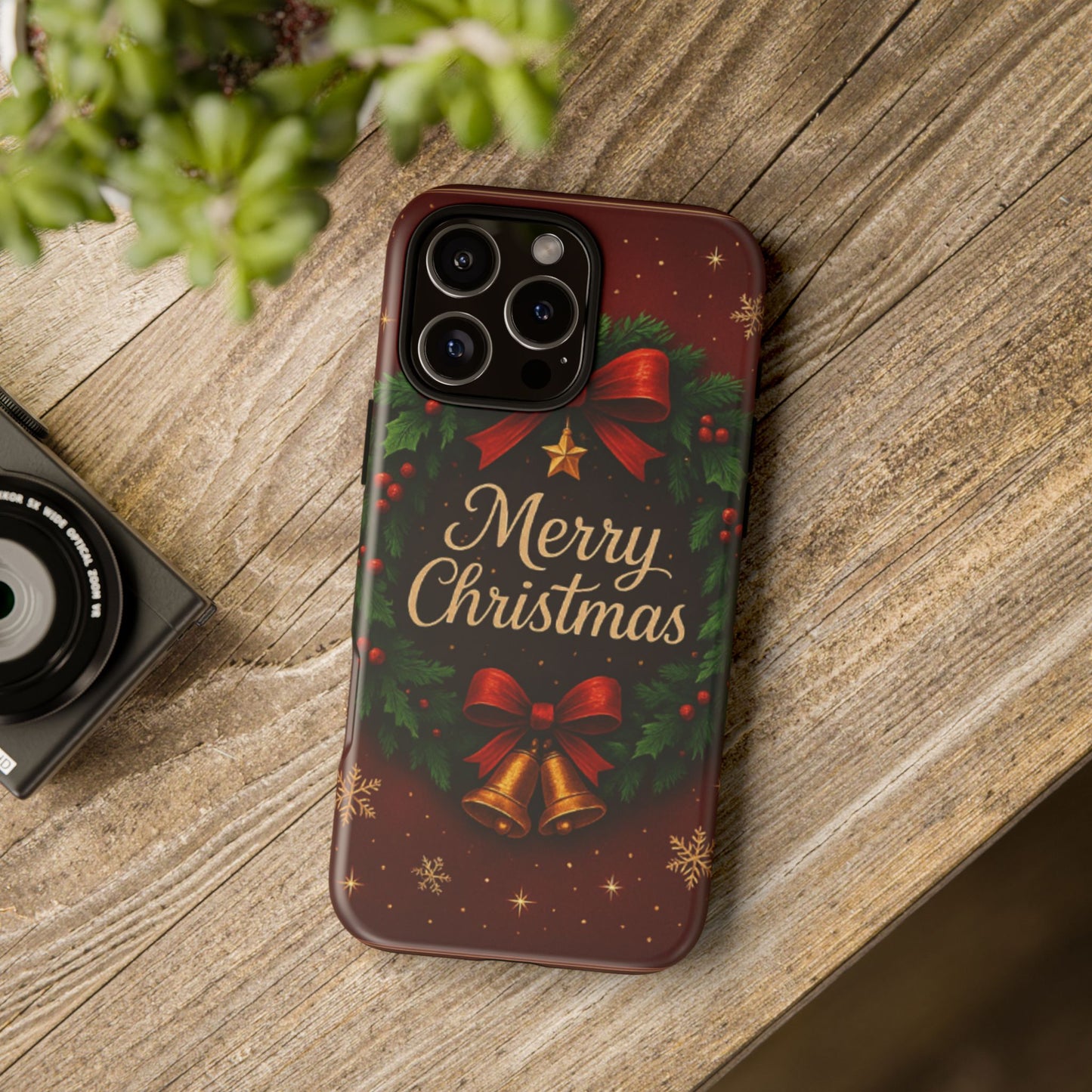 Merry Christmas Tough Phone Case — Festive Wreath & Bells Holiday Cover