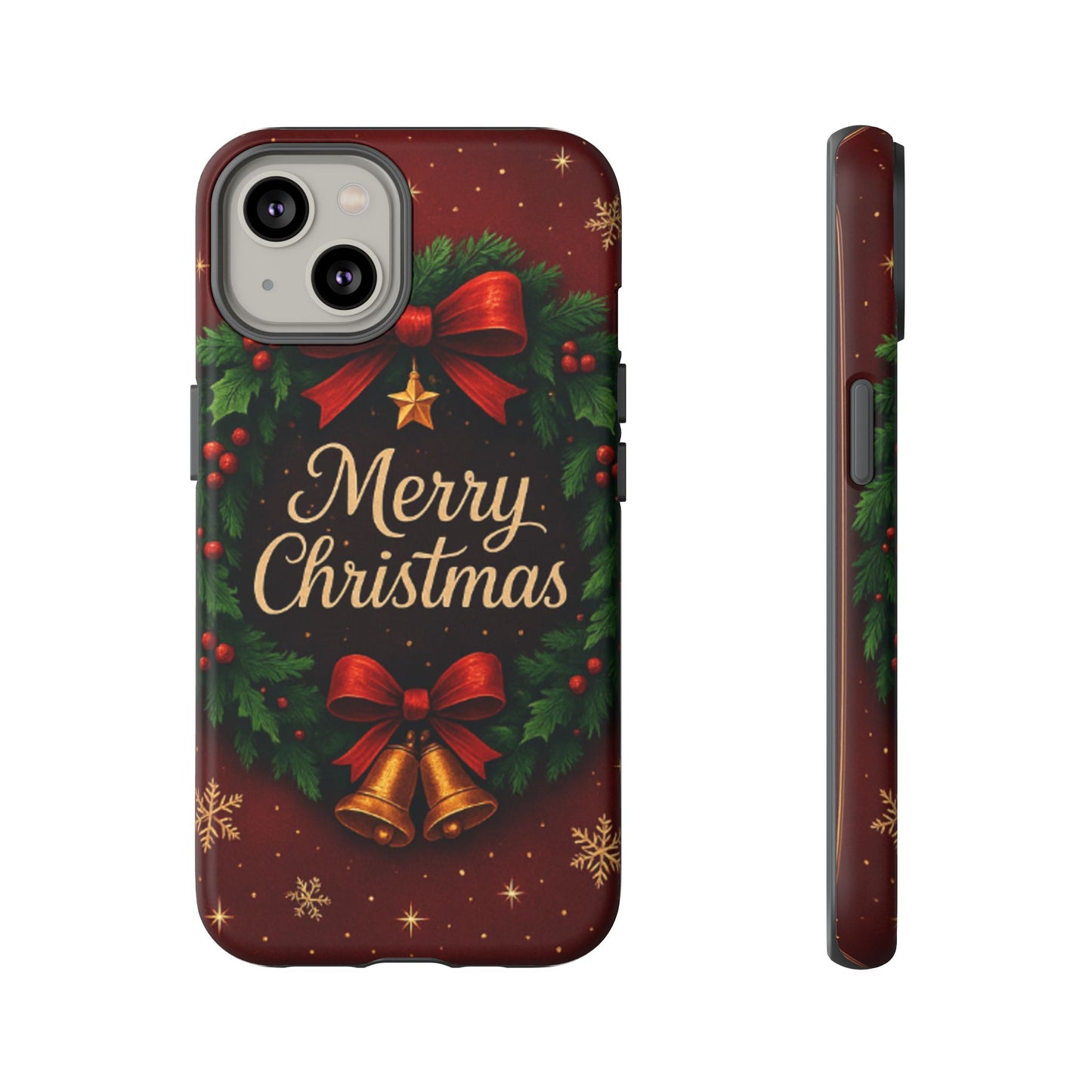 Merry Christmas Tough Phone Case — Festive Wreath & Bells Holiday Cover
