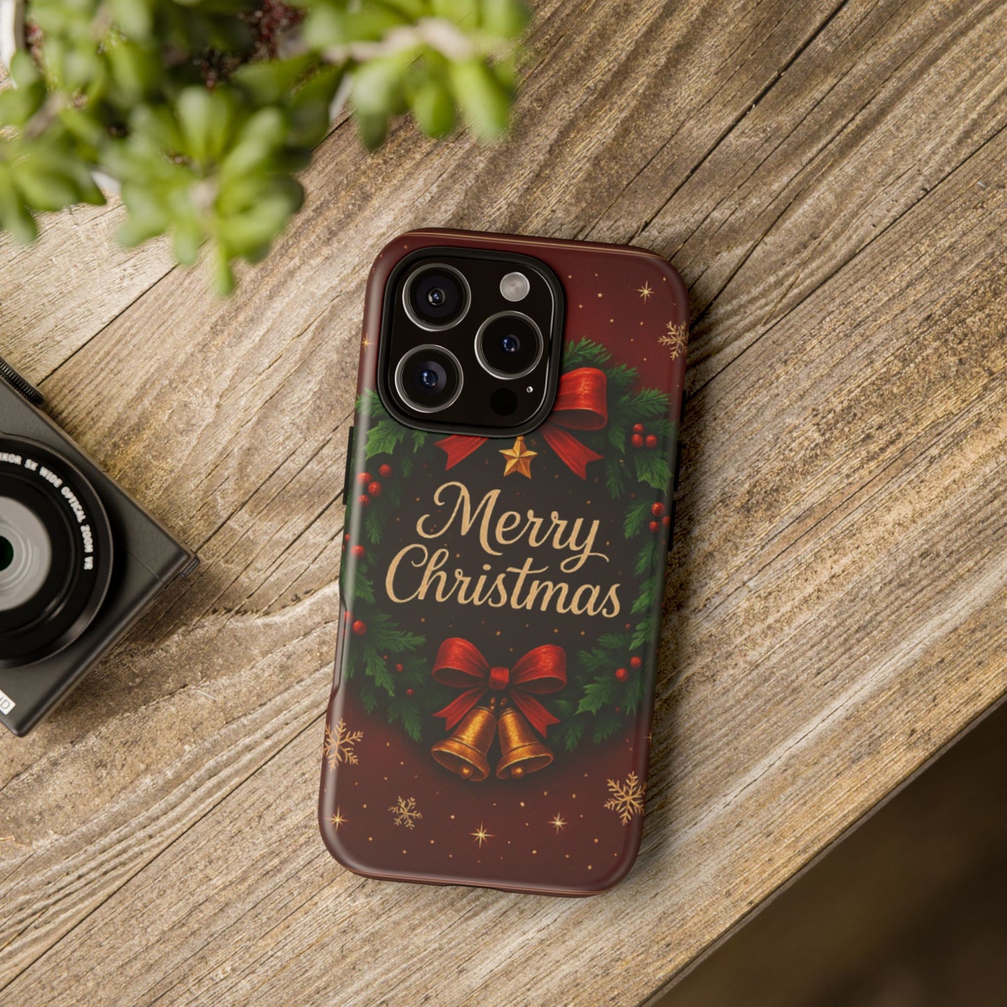 Merry Christmas Tough Phone Case — Festive Wreath & Bells Holiday Cover