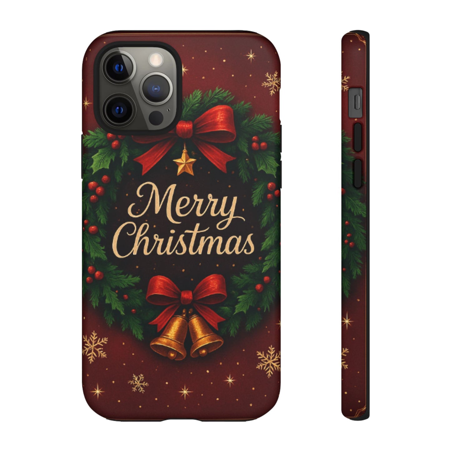 Merry Christmas Tough Phone Case — Festive Wreath & Bells Holiday Cover