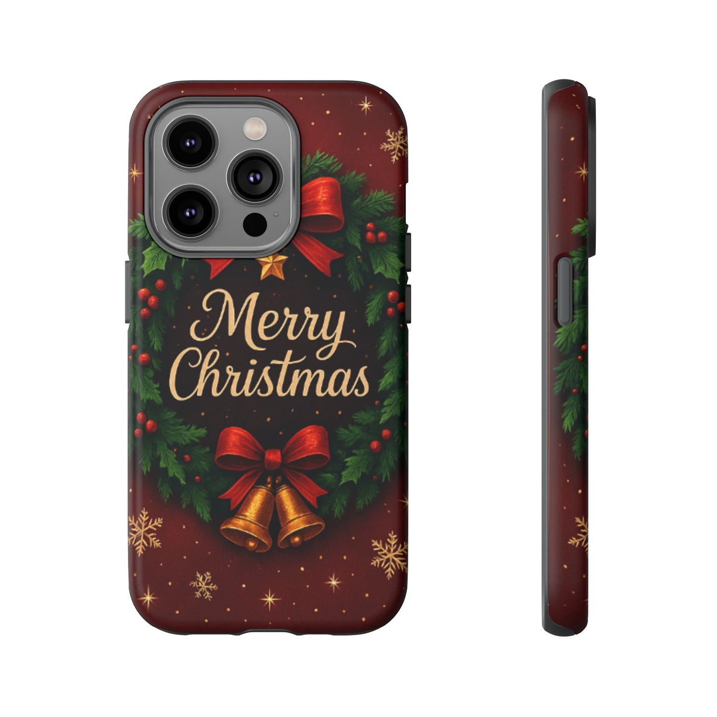 Merry Christmas Tough Phone Case — Festive Wreath & Bells Holiday Cover