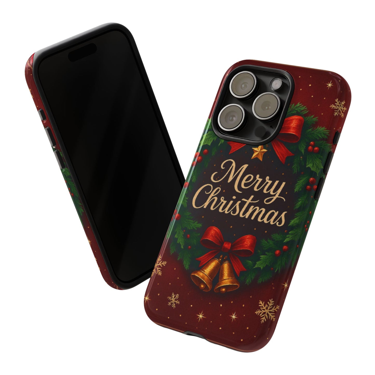 Merry Christmas Tough Phone Case — Festive Wreath & Bells Holiday Cover