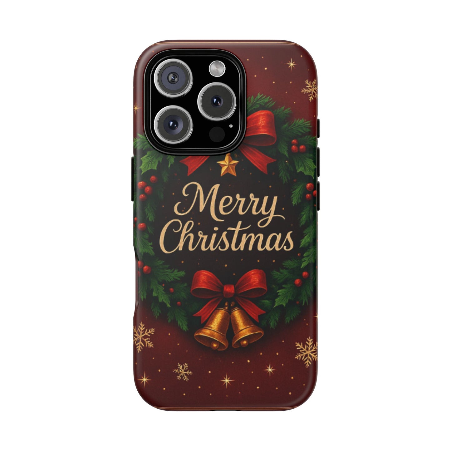 Merry Christmas Tough Phone Case — Festive Wreath & Bells Holiday Cover