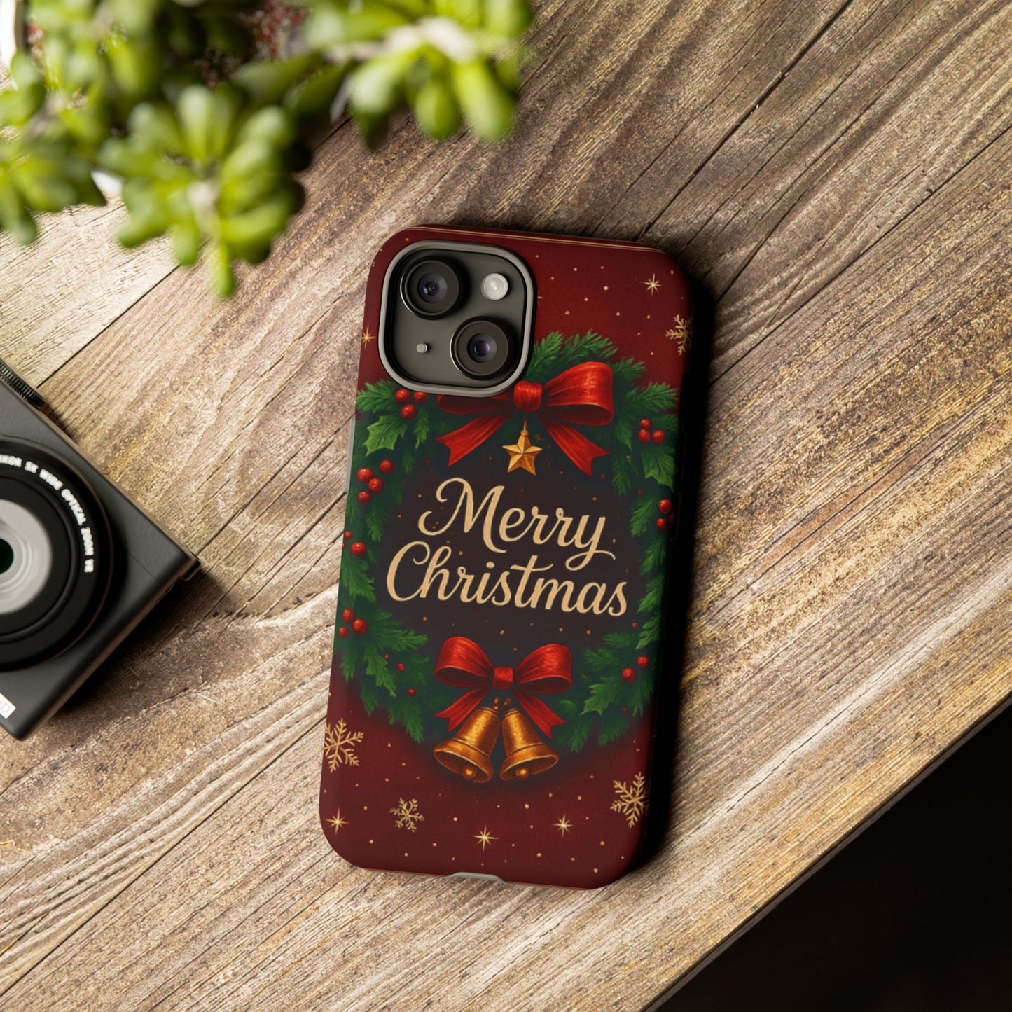 Merry Christmas Tough Phone Case — Festive Wreath & Bells Holiday Cover