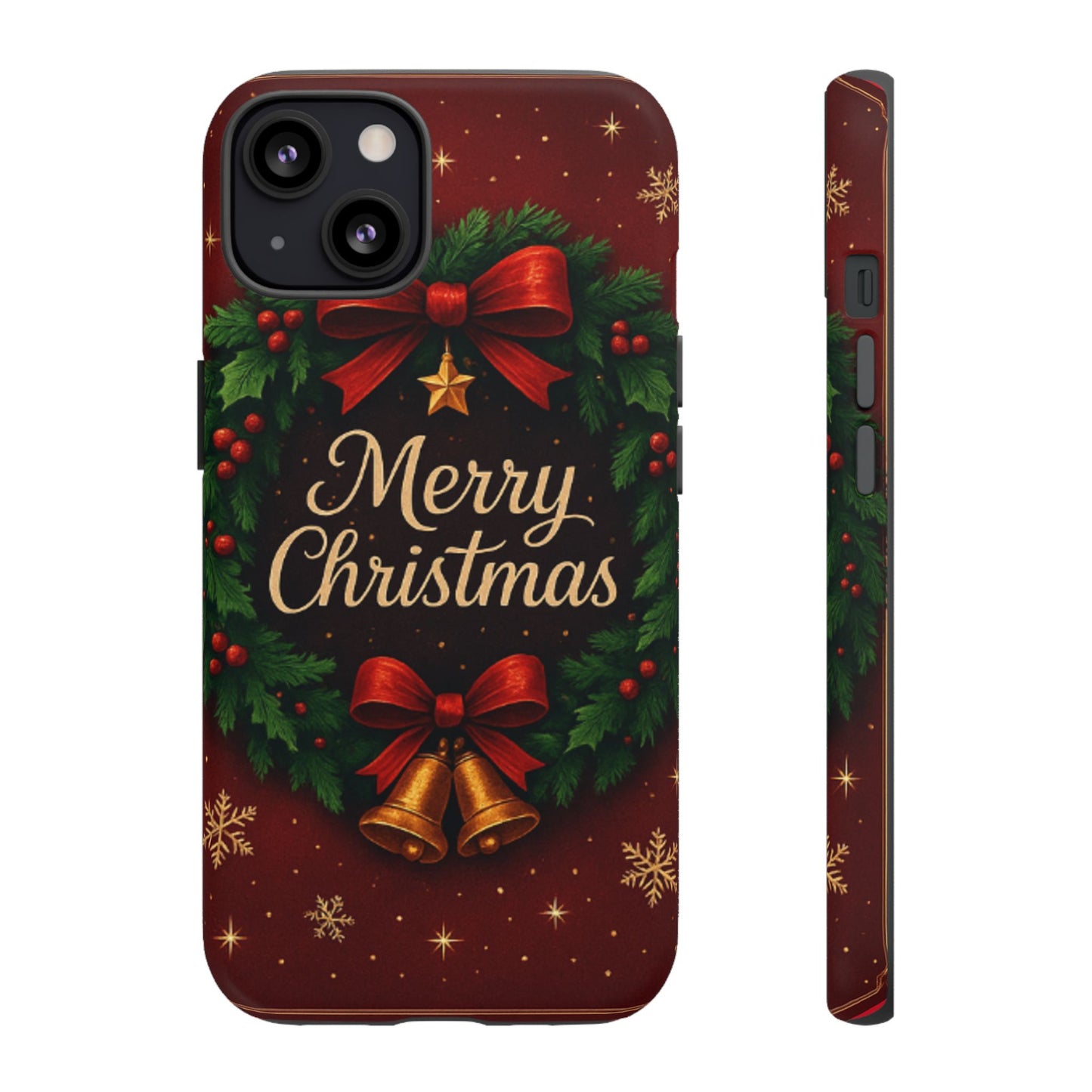 Merry Christmas Tough Phone Case — Festive Wreath & Bells Holiday Cover