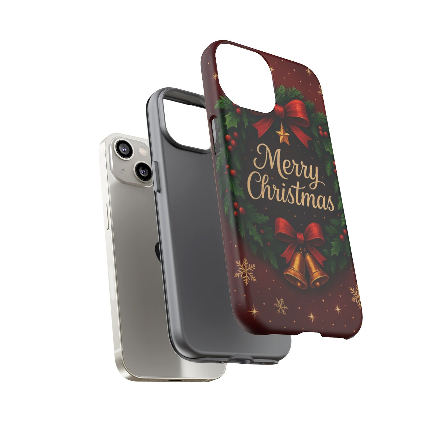 Merry Christmas Tough Phone Case — Festive Wreath & Bells Holiday Cover