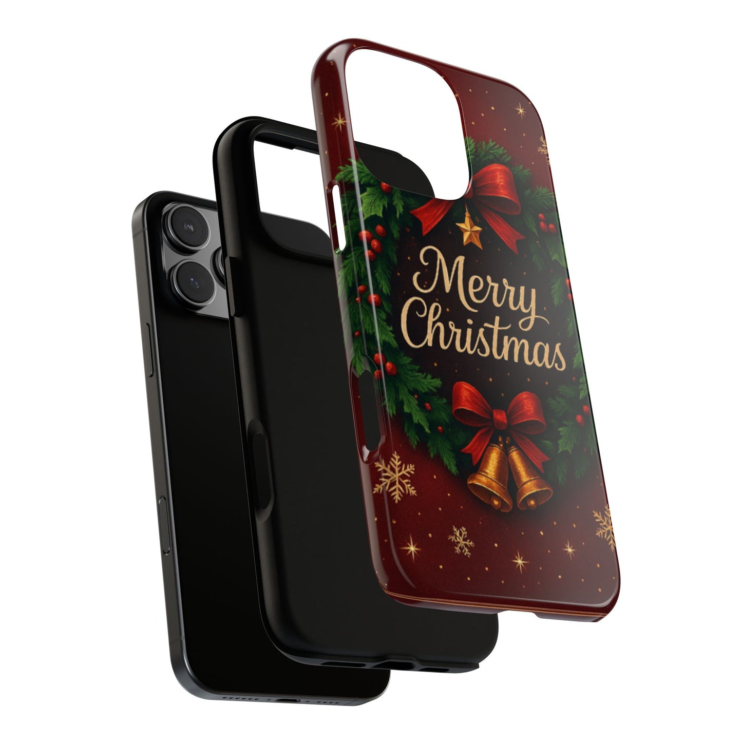 Merry Christmas Tough Phone Case — Festive Wreath & Bells Holiday Cover