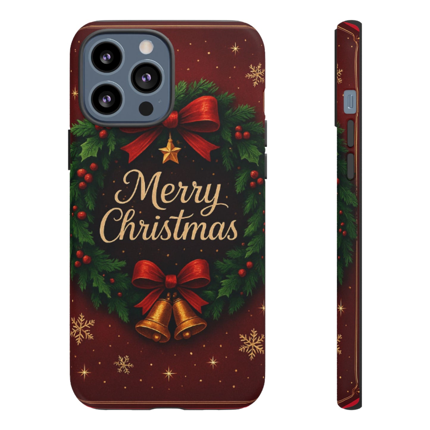 Merry Christmas Tough Phone Case — Festive Wreath & Bells Holiday Cover