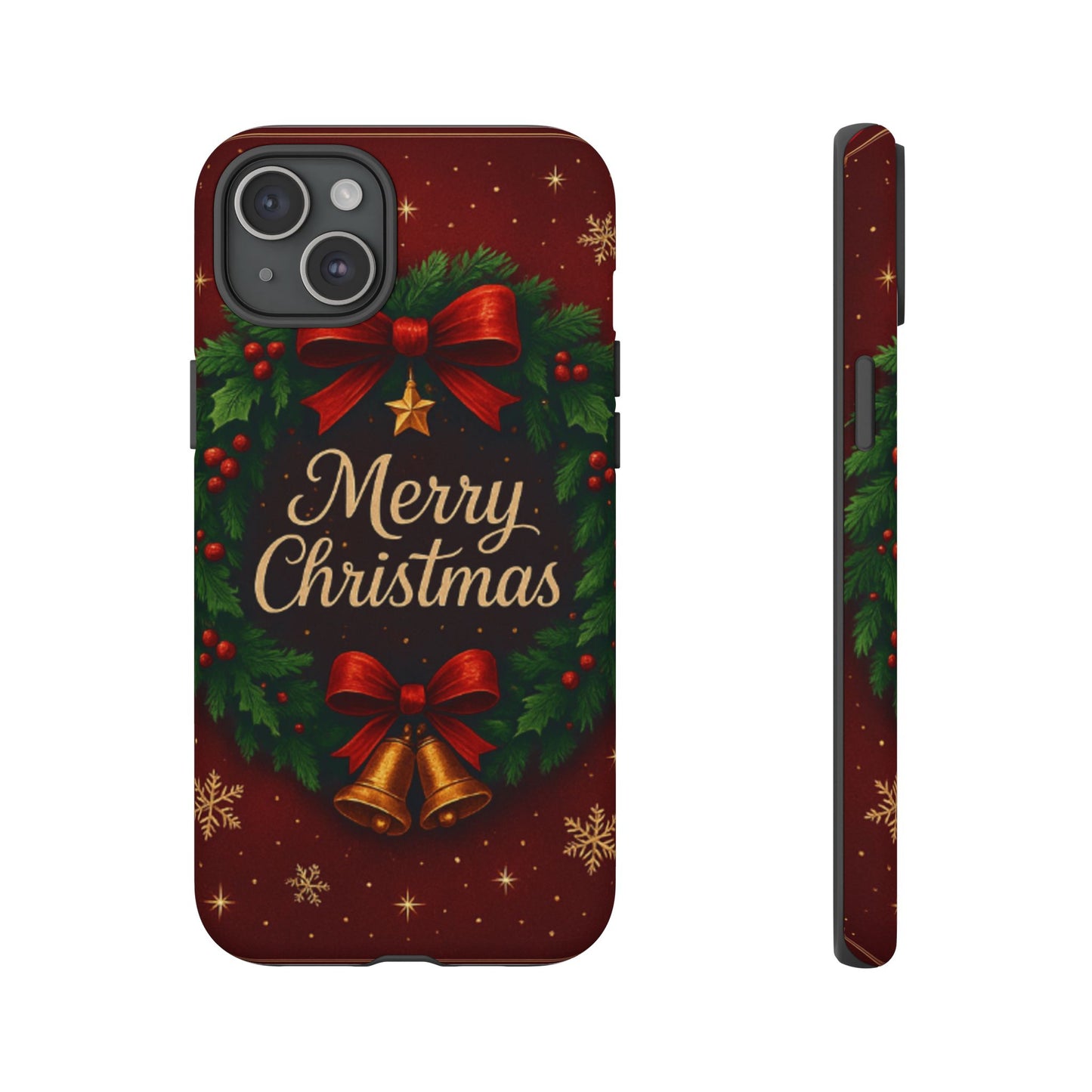 Merry Christmas Tough Phone Case — Festive Wreath & Bells Holiday Cover