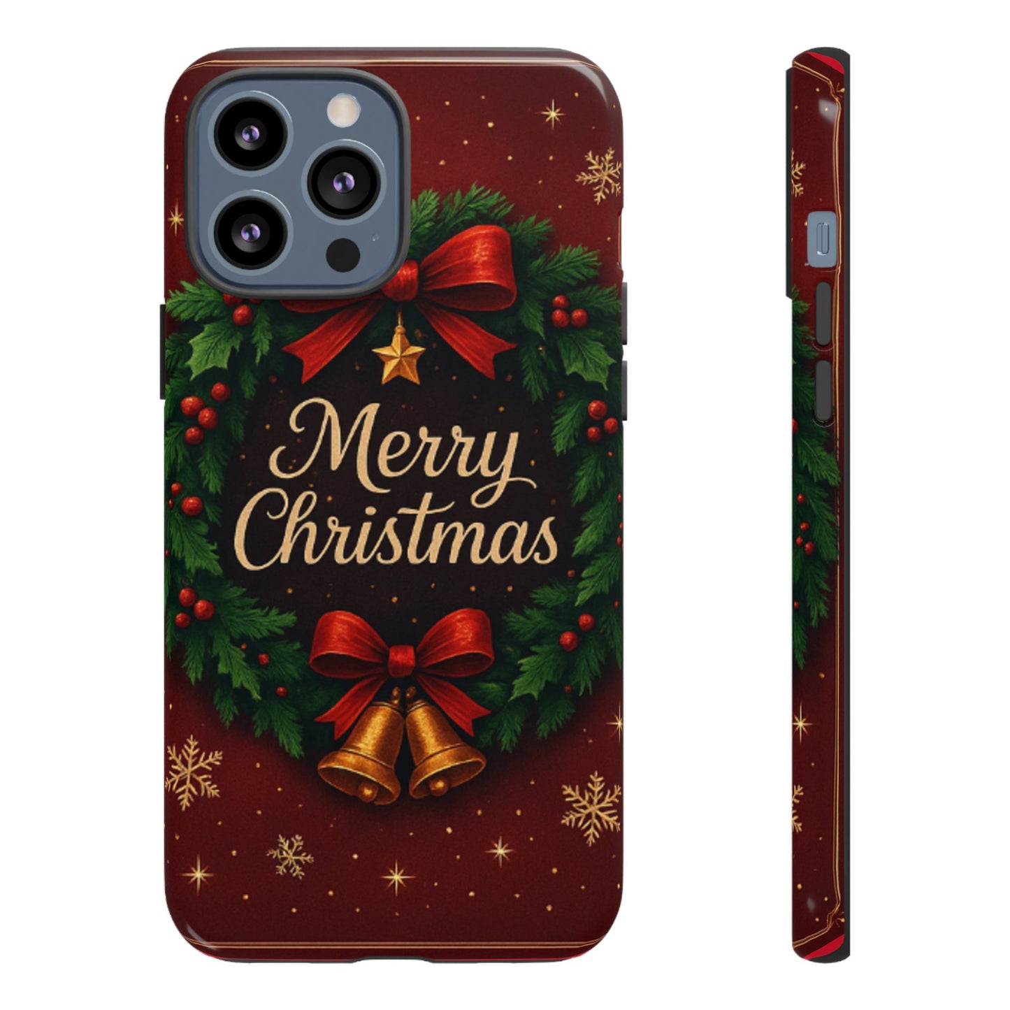 Merry Christmas Tough Phone Case — Festive Wreath & Bells Holiday Cover