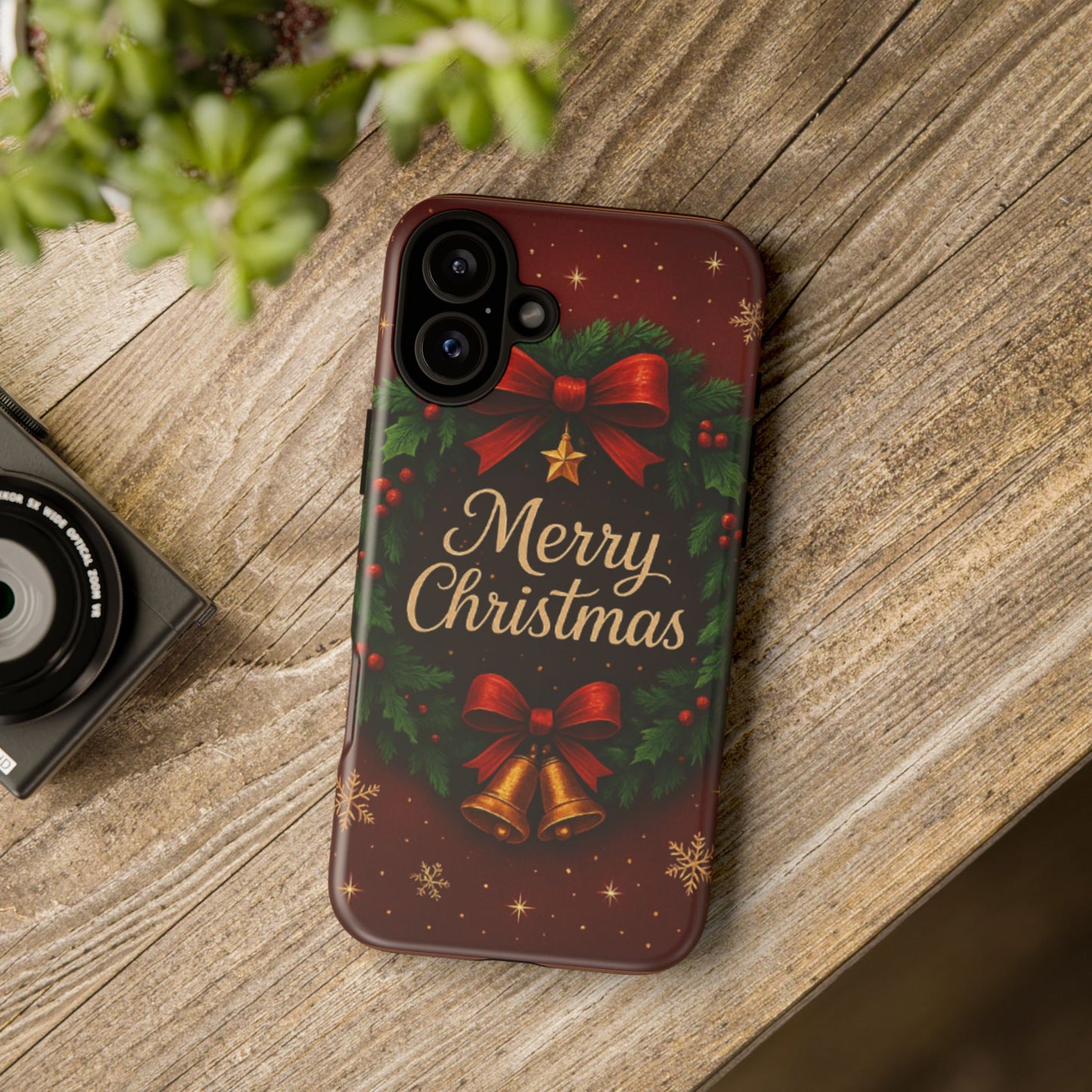Merry Christmas Tough Phone Case — Festive Wreath & Bells Holiday Cover