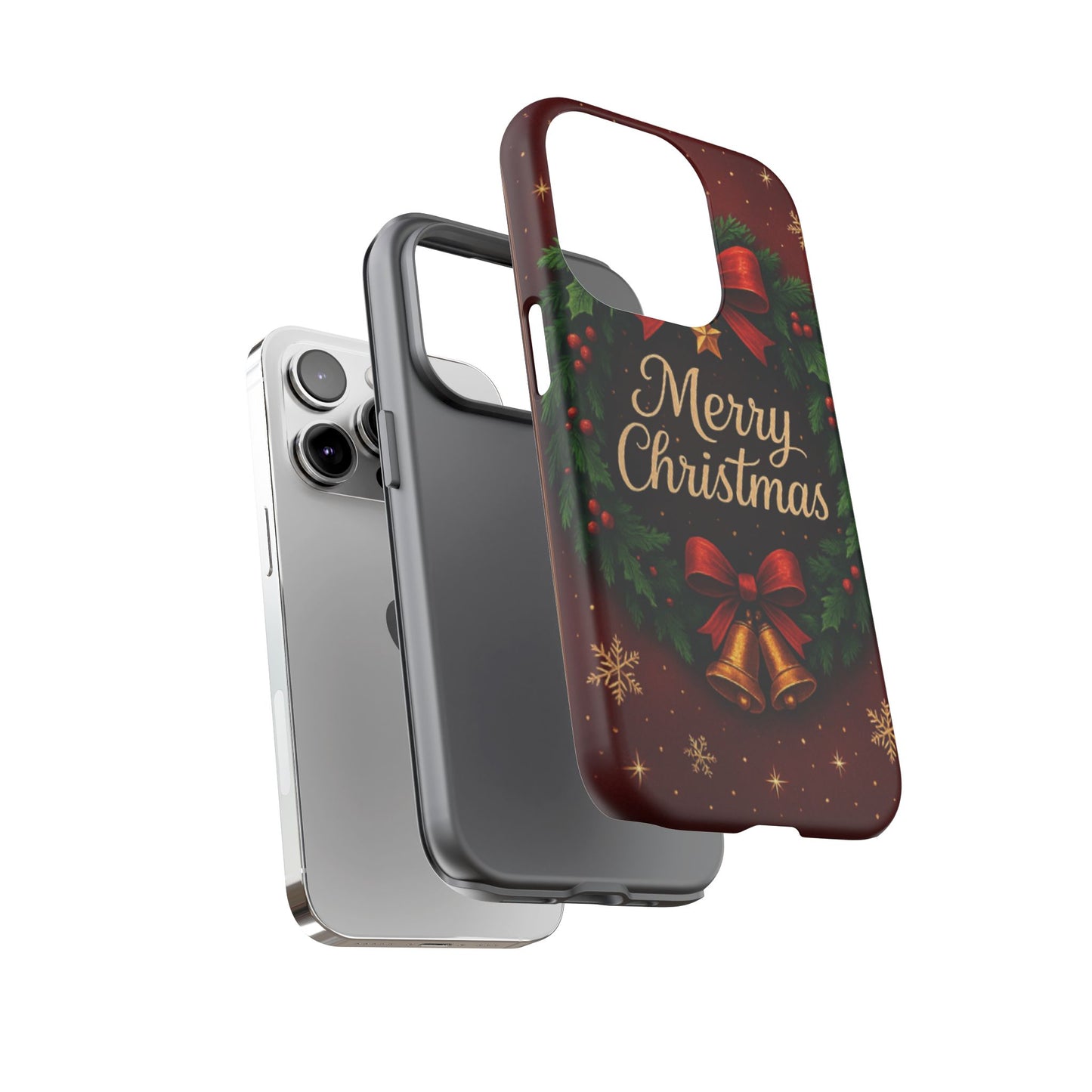 Merry Christmas Tough Phone Case — Festive Wreath & Bells Holiday Cover