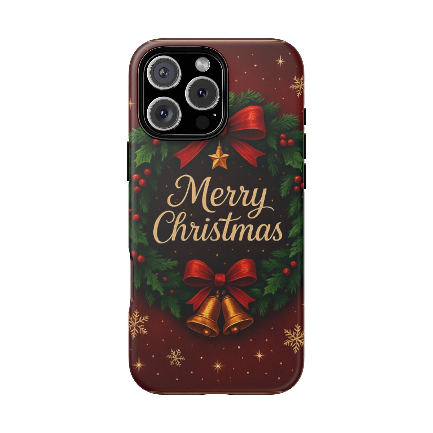 Merry Christmas Tough Phone Case — Festive Wreath & Bells Holiday Cover