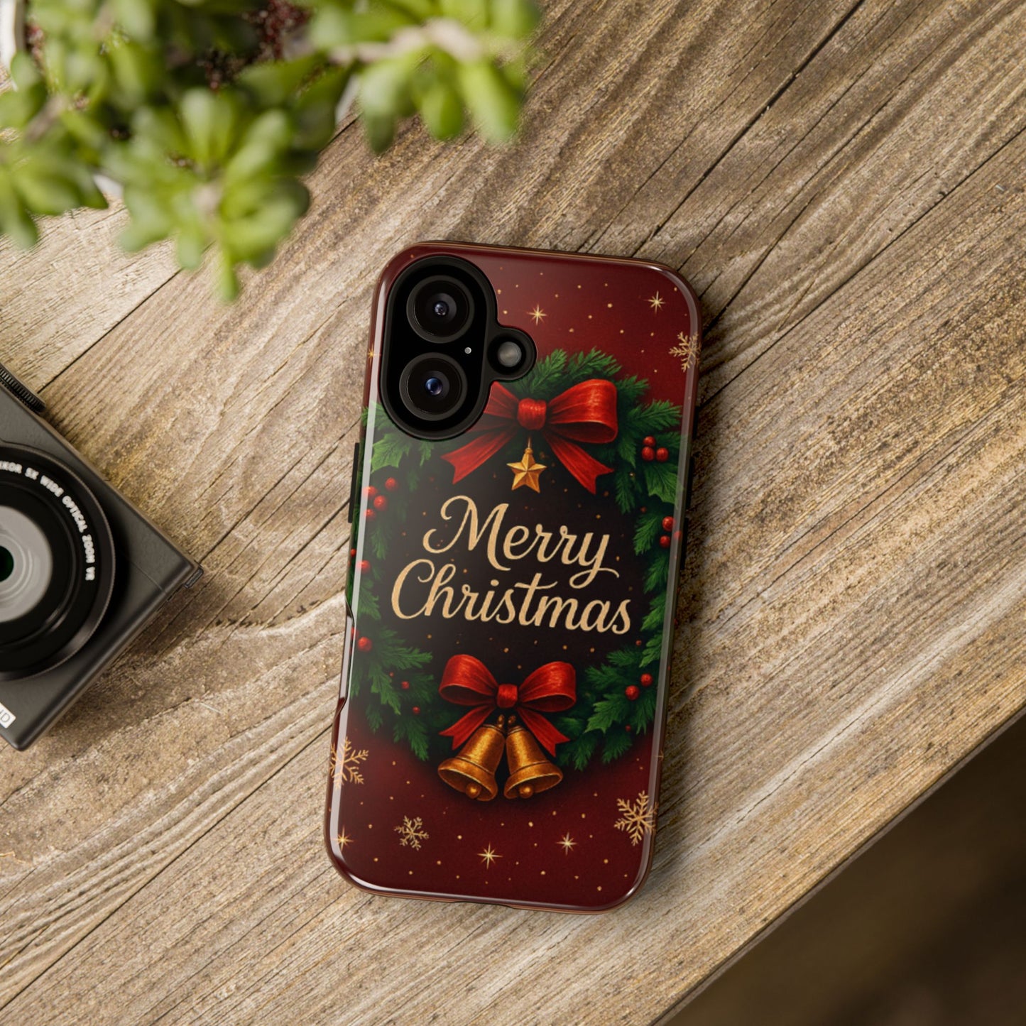 Merry Christmas Tough Phone Case — Festive Wreath & Bells Holiday Cover