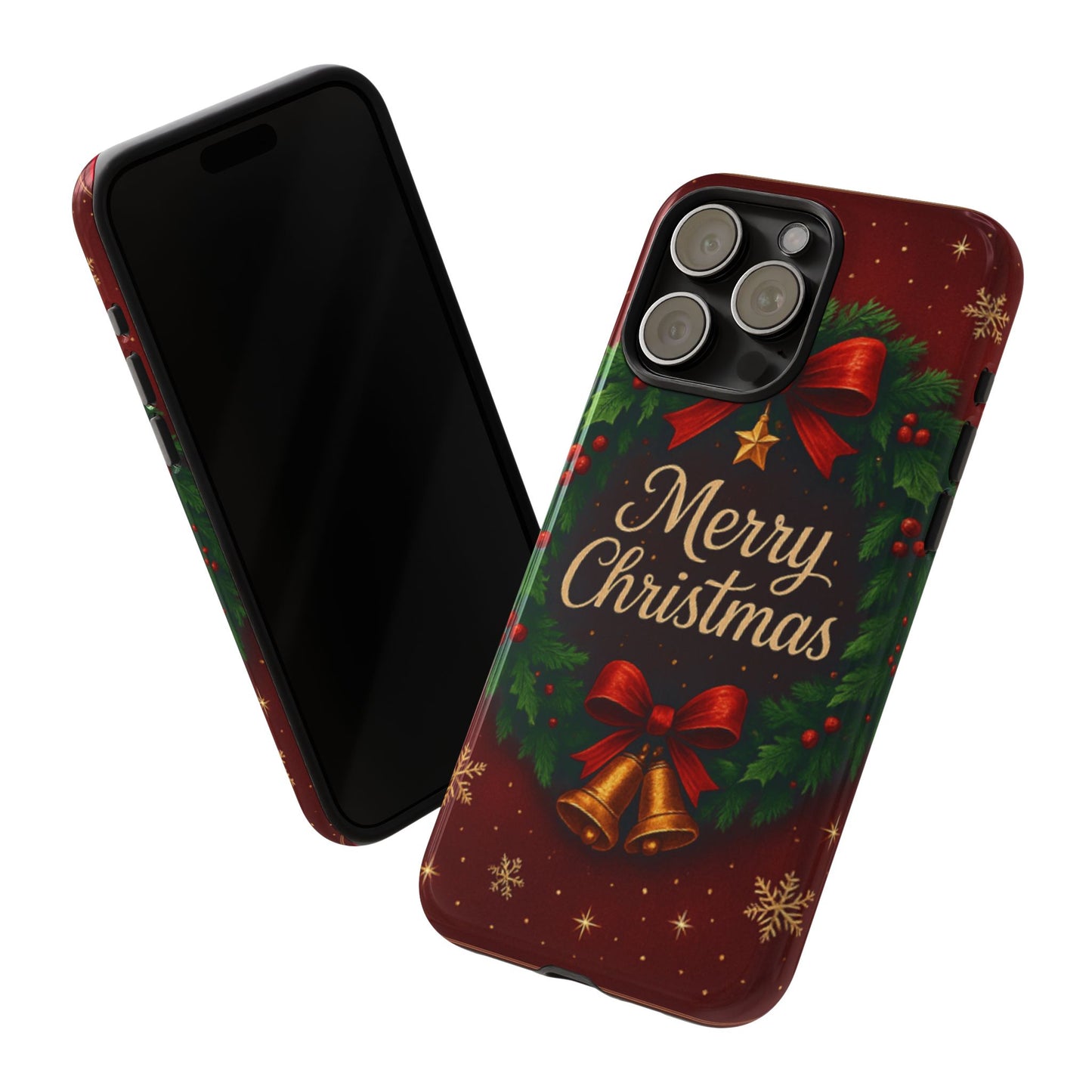 Merry Christmas Tough Phone Case — Festive Wreath & Bells Holiday Cover