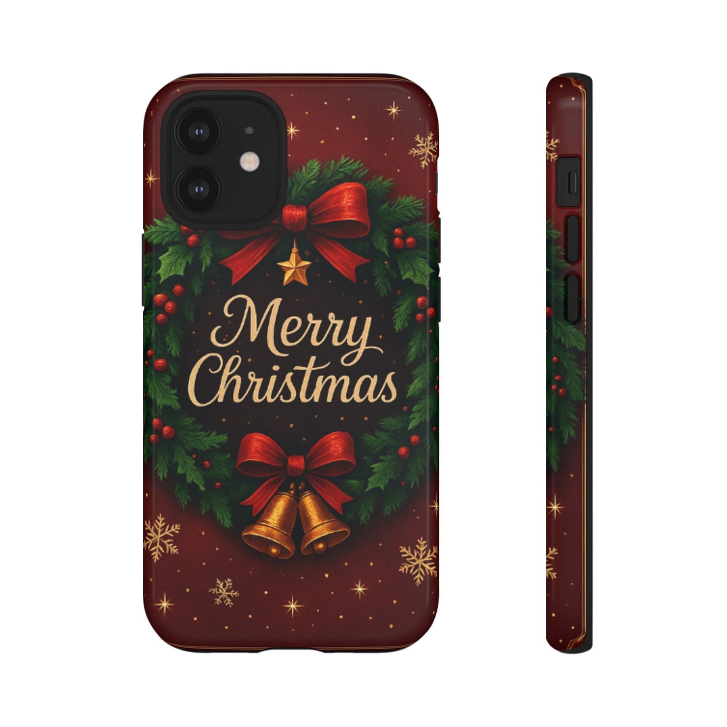 Merry Christmas Tough Phone Case — Festive Wreath & Bells Holiday Cover