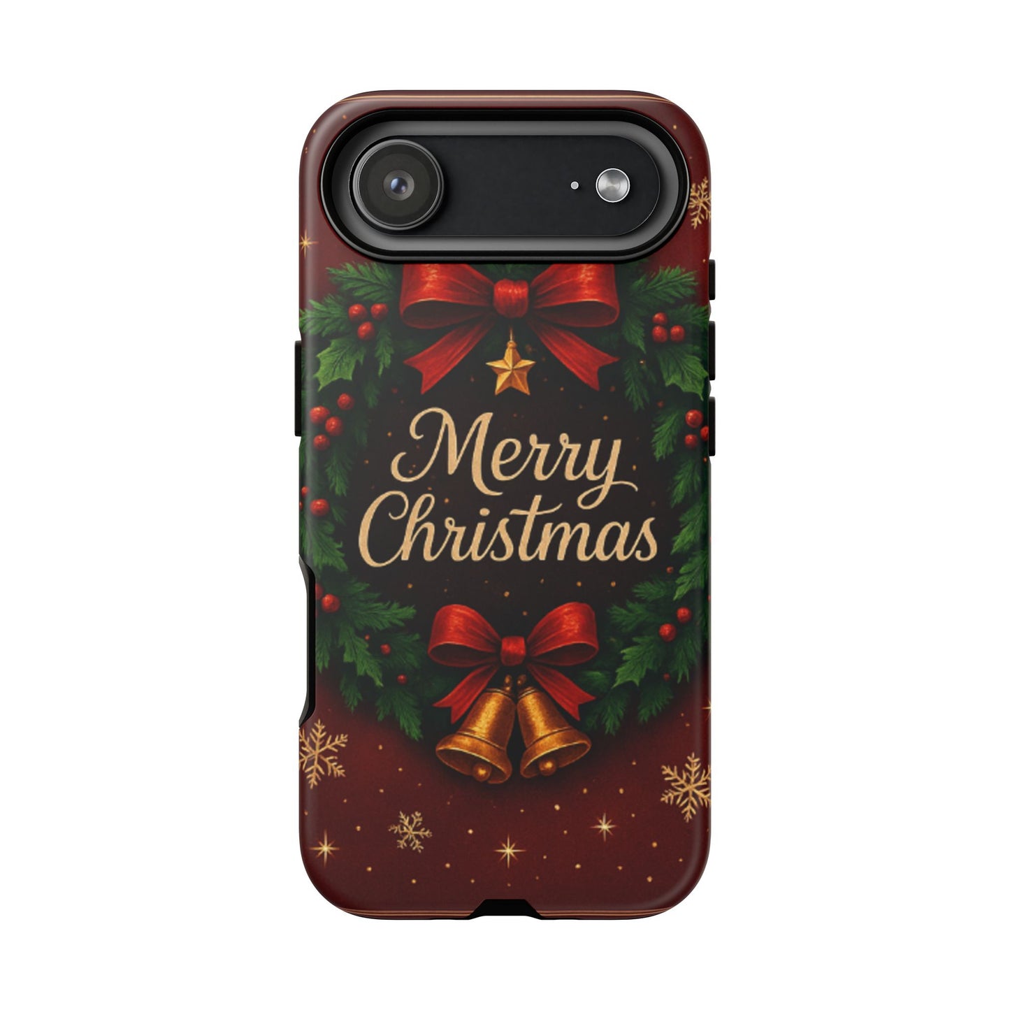 Merry Christmas Tough Phone Case — Festive Wreath & Bells Holiday Cover