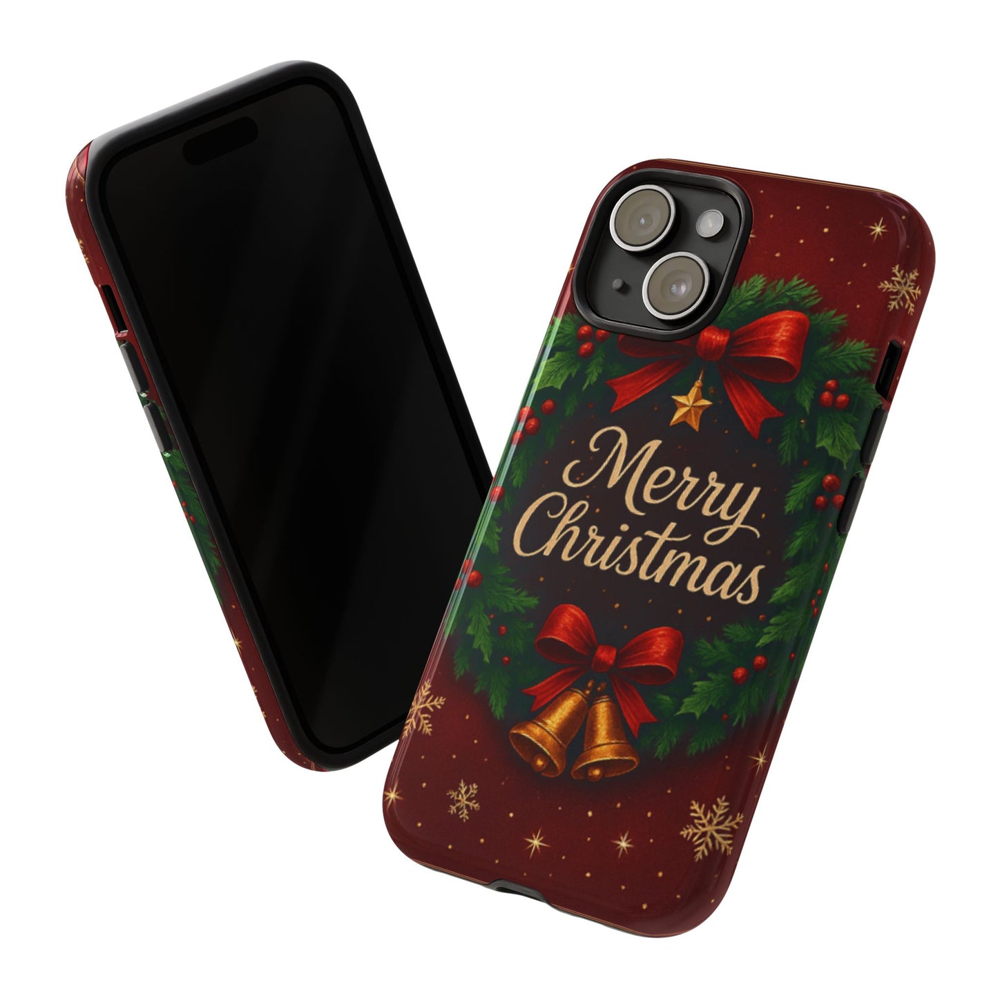 Merry Christmas Tough Phone Case — Festive Wreath & Bells Holiday Cover