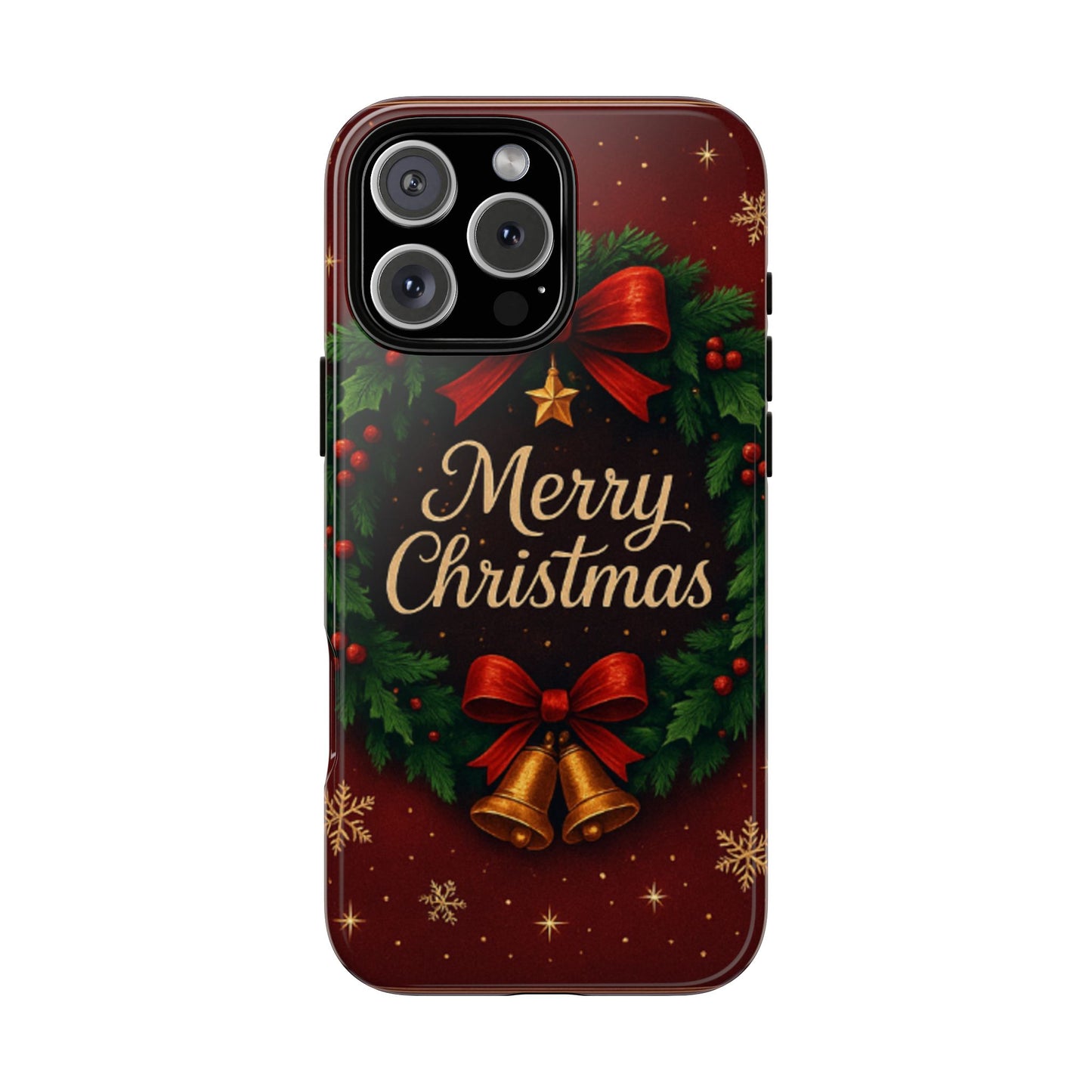 Merry Christmas Tough Phone Case — Festive Wreath & Bells Holiday Cover