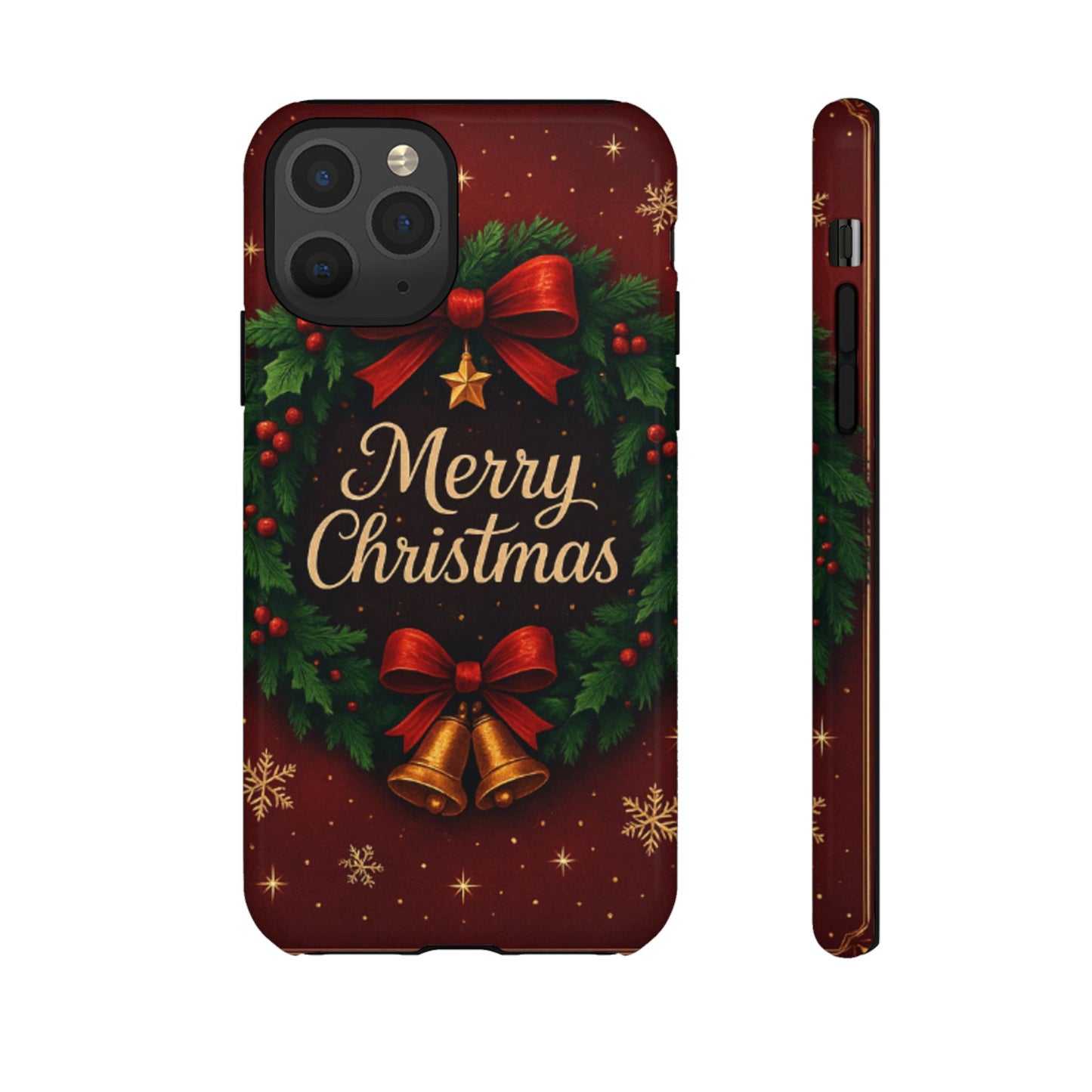 Merry Christmas Tough Phone Case — Festive Wreath & Bells Holiday Cover
