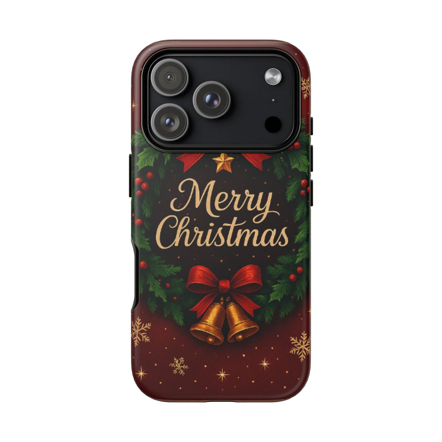 Merry Christmas Tough Phone Case — Festive Wreath & Bells Holiday Cover