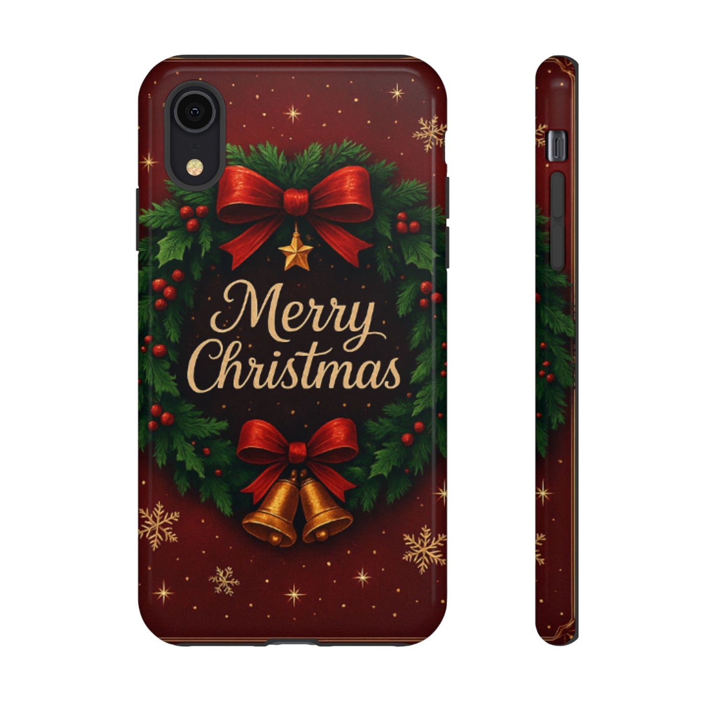 Merry Christmas Tough Phone Case — Festive Wreath & Bells Holiday Cover