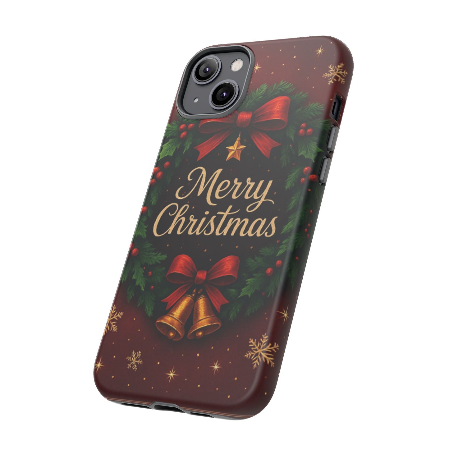 Merry Christmas Tough Phone Case — Festive Wreath & Bells Holiday Cover