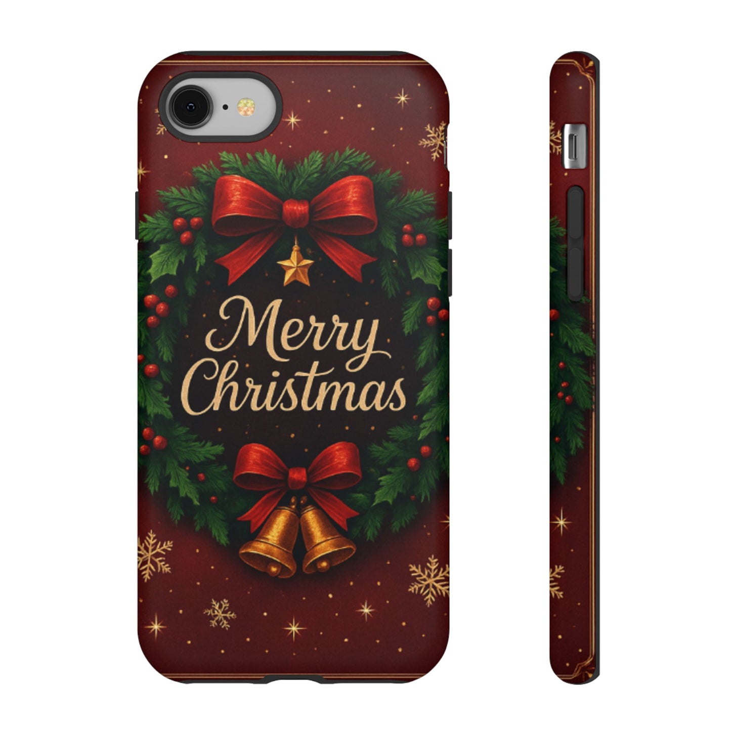 Merry Christmas Tough Phone Case — Festive Wreath & Bells Holiday Cover