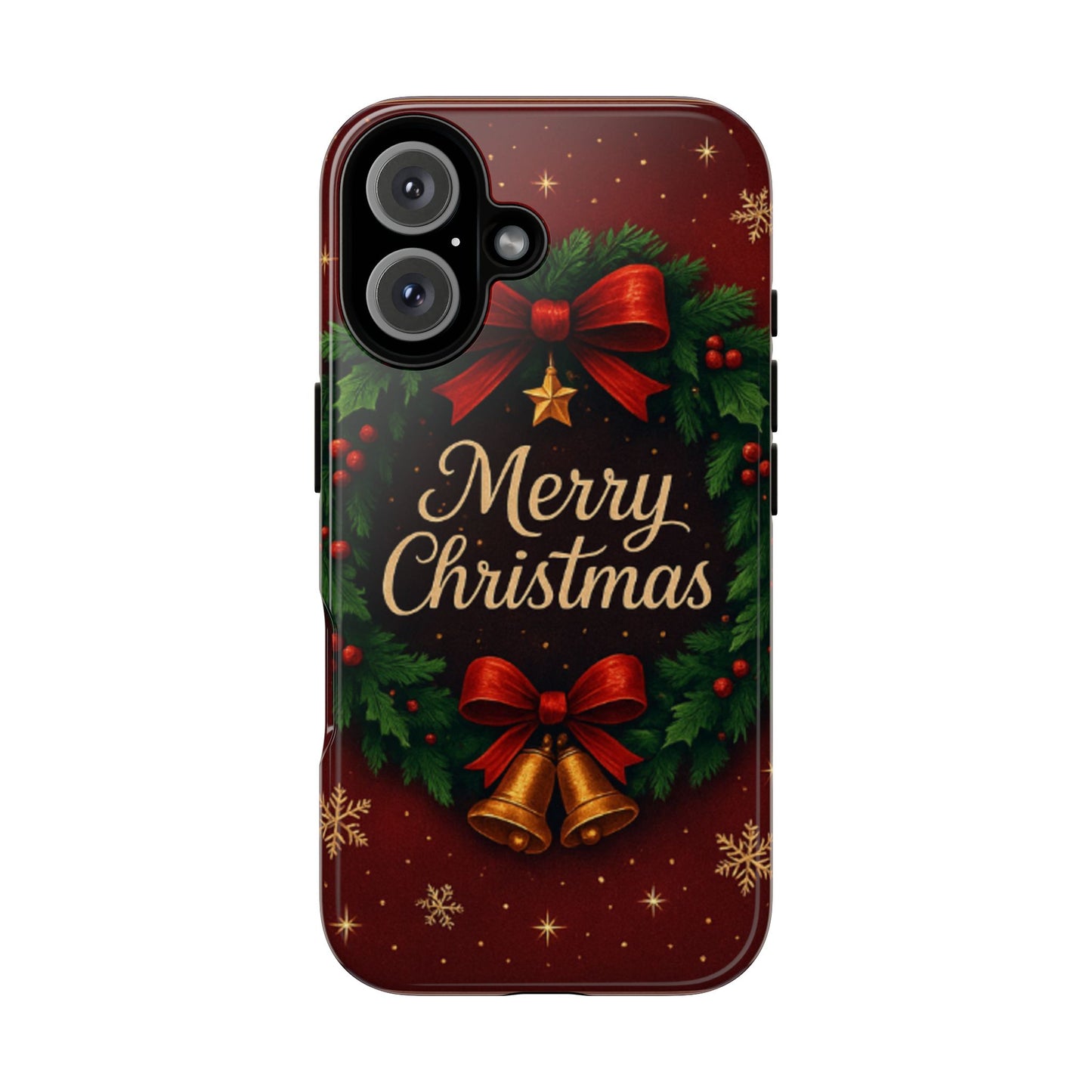 Merry Christmas Tough Phone Case — Festive Wreath & Bells Holiday Cover