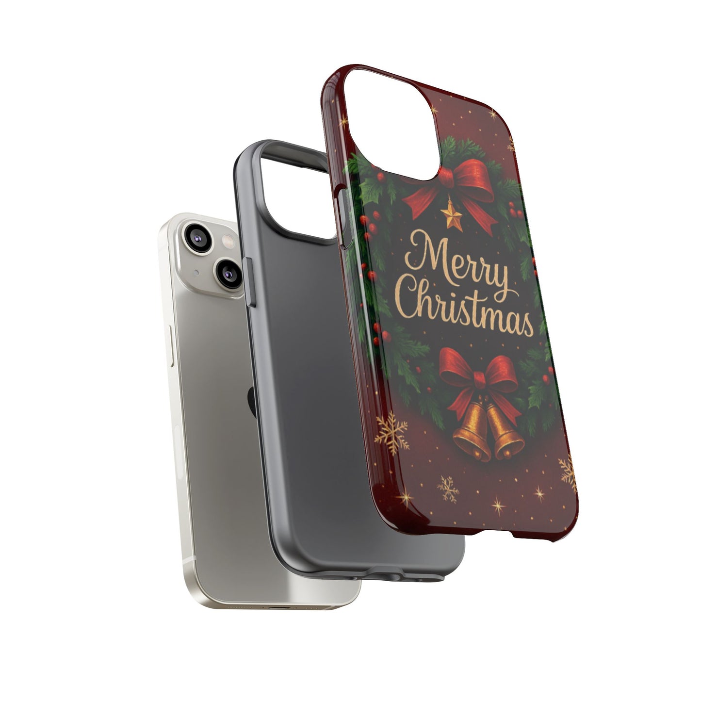 Merry Christmas Tough Phone Case — Festive Wreath & Bells Holiday Cover
