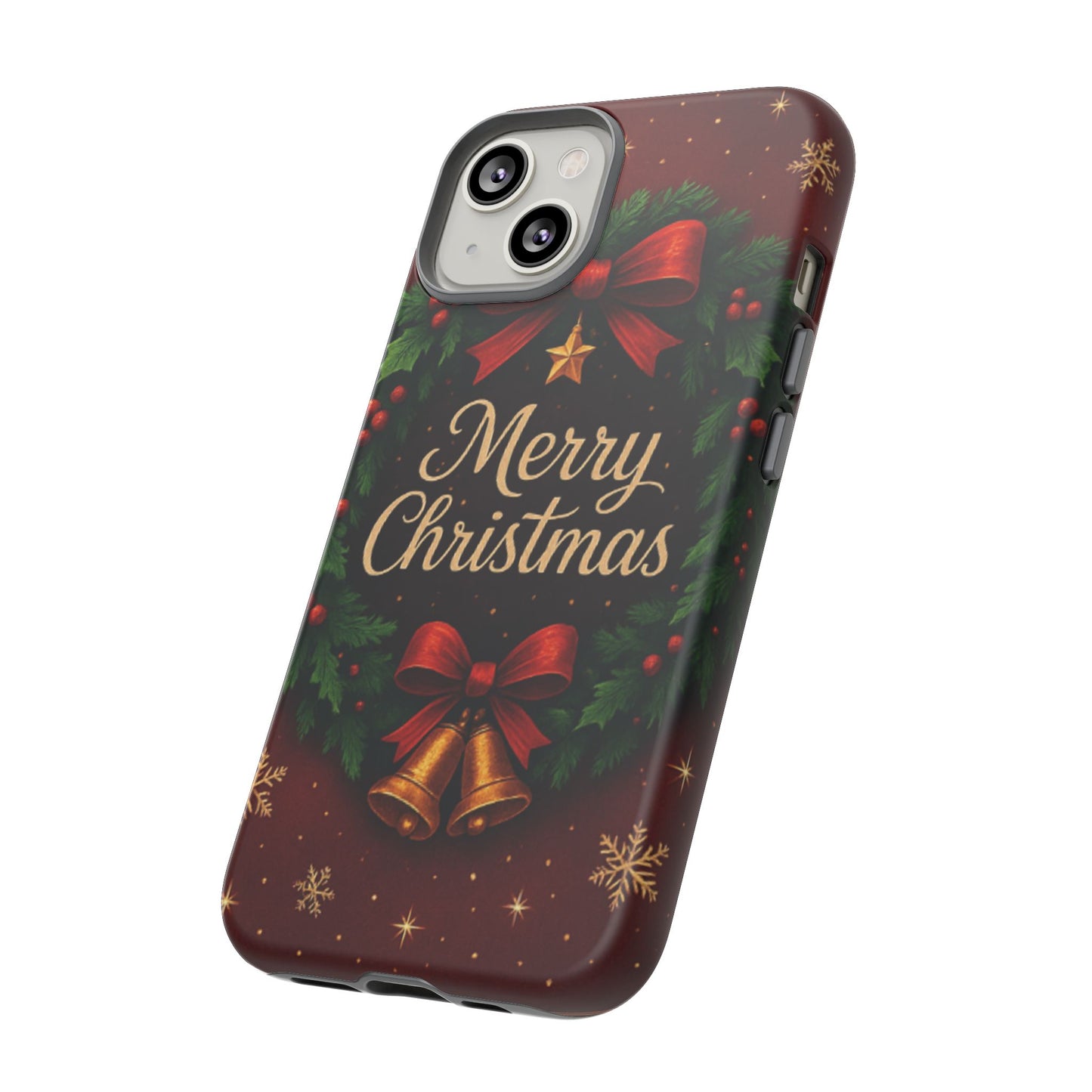 Merry Christmas Tough Phone Case — Festive Wreath & Bells Holiday Cover
