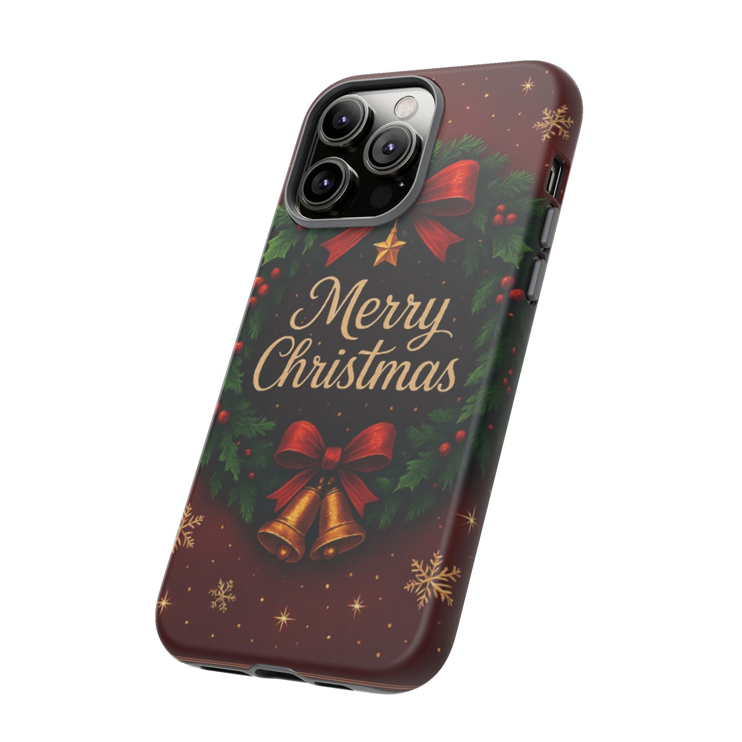 Merry Christmas Tough Phone Case — Festive Wreath & Bells Holiday Cover