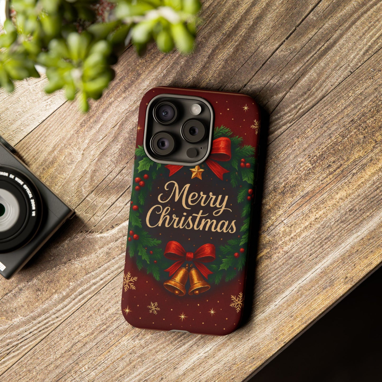 Merry Christmas Tough Phone Case — Festive Wreath & Bells Holiday Cover