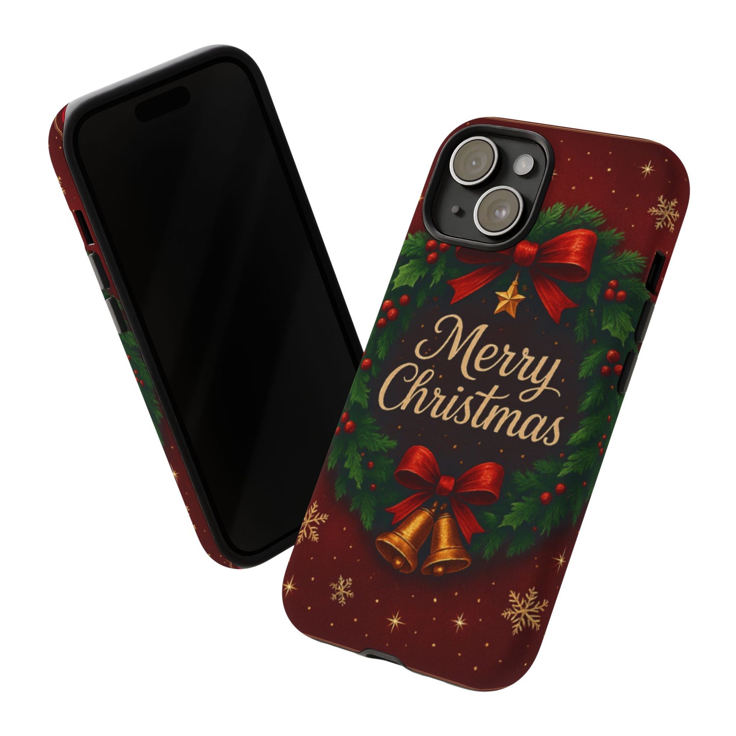 Merry Christmas Tough Phone Case — Festive Wreath & Bells Holiday Cover