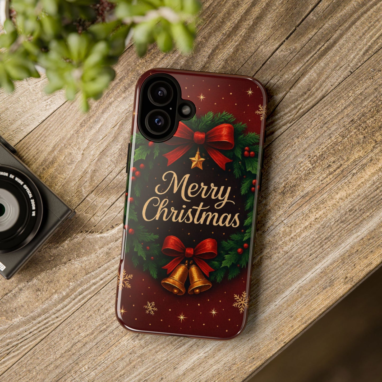 Merry Christmas Tough Phone Case — Festive Wreath & Bells Holiday Cover