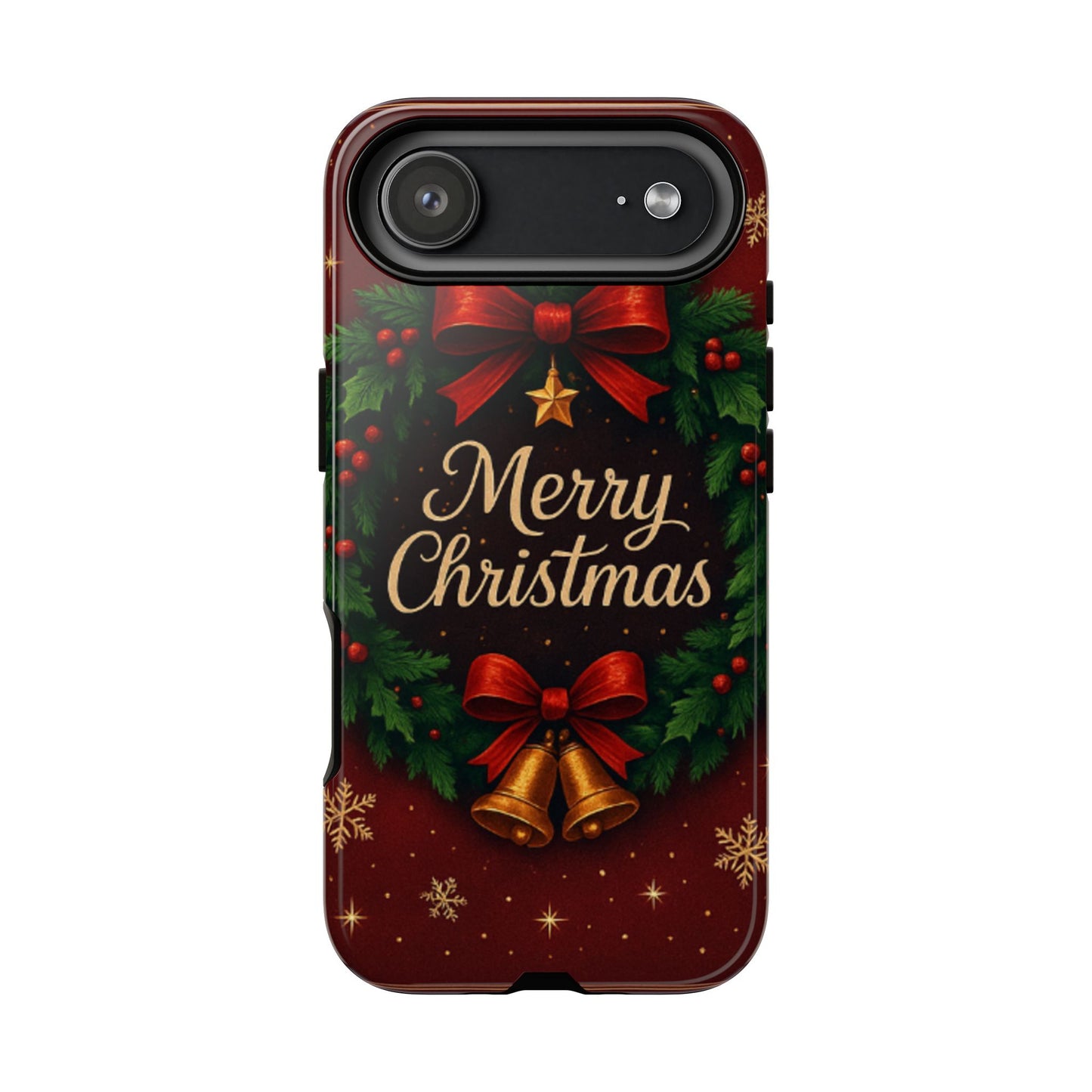 Merry Christmas Tough Phone Case — Festive Wreath & Bells Holiday Cover