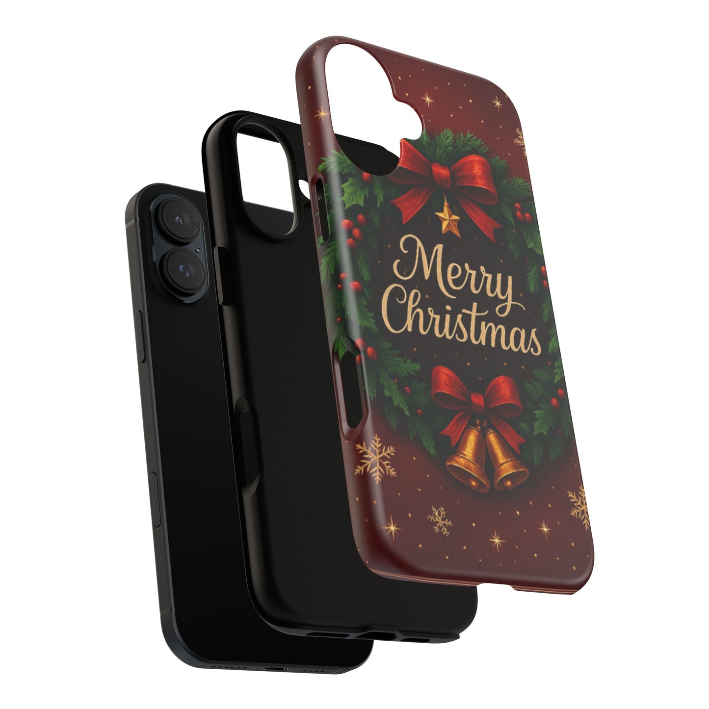 Merry Christmas Tough Phone Case — Festive Wreath & Bells Holiday Cover