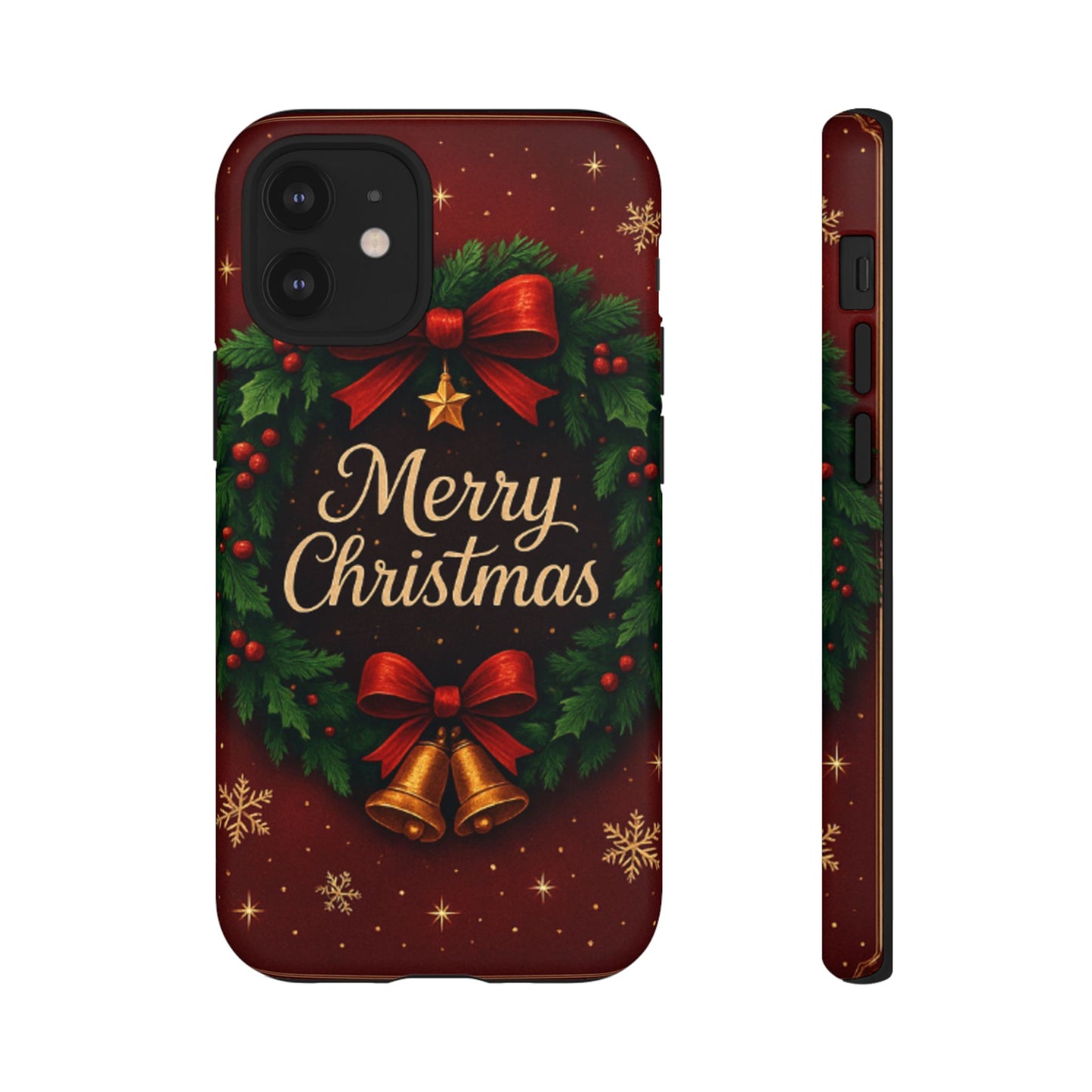 Merry Christmas Tough Phone Case — Festive Wreath & Bells Holiday Cover