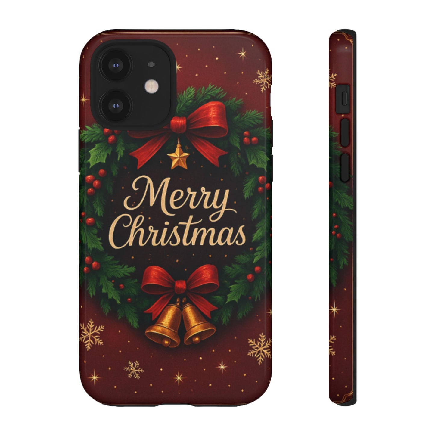 Merry Christmas Tough Phone Case — Festive Wreath & Bells Holiday Cover