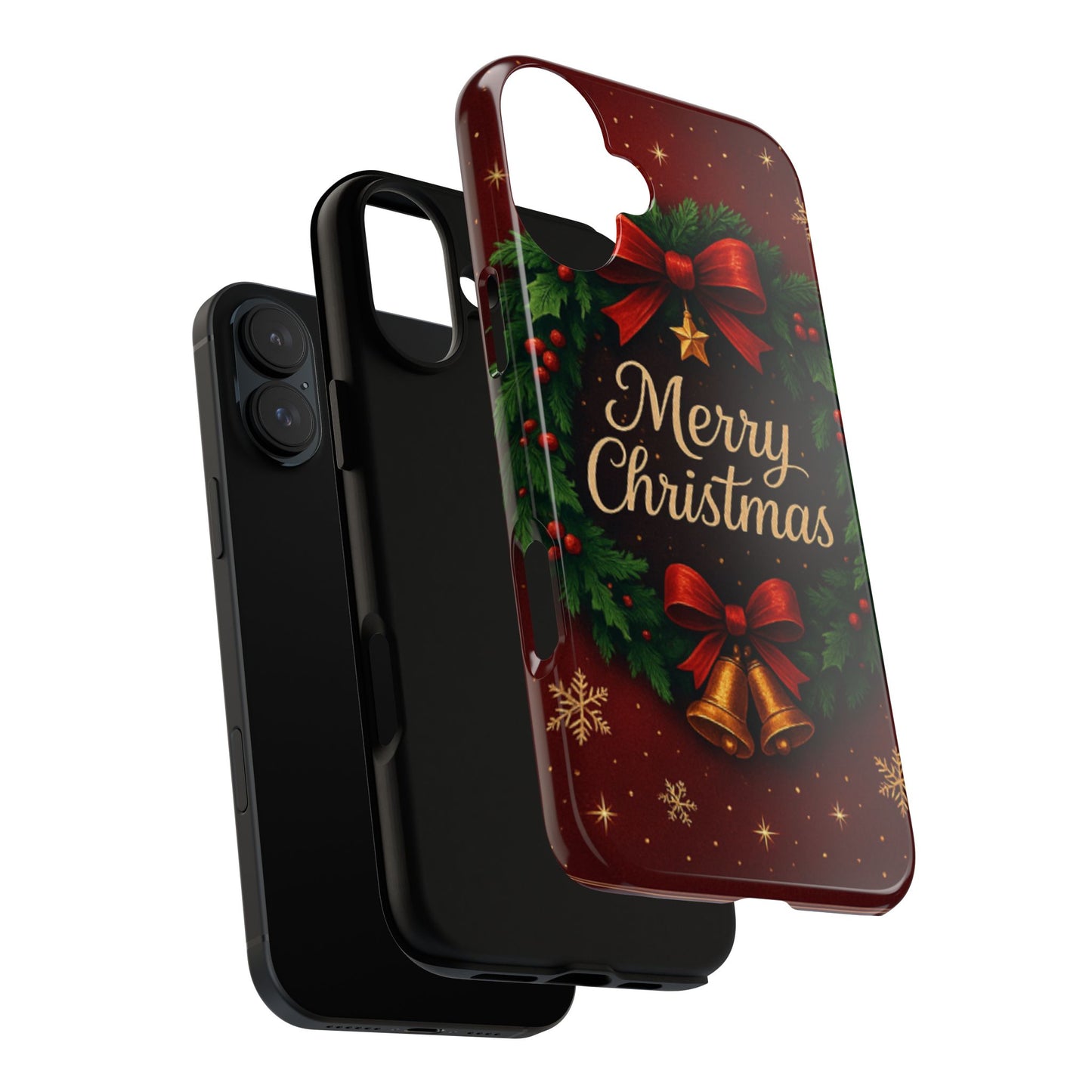 Merry Christmas Tough Phone Case — Festive Wreath & Bells Holiday Cover