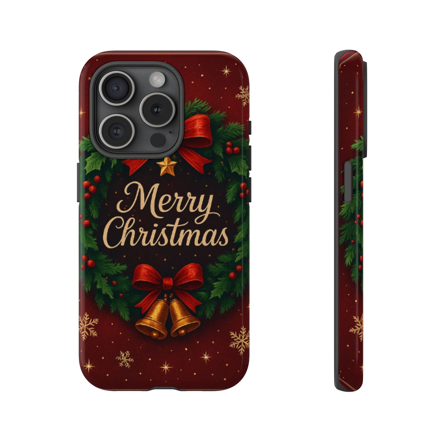 Merry Christmas Tough Phone Case — Festive Wreath & Bells Holiday Cover