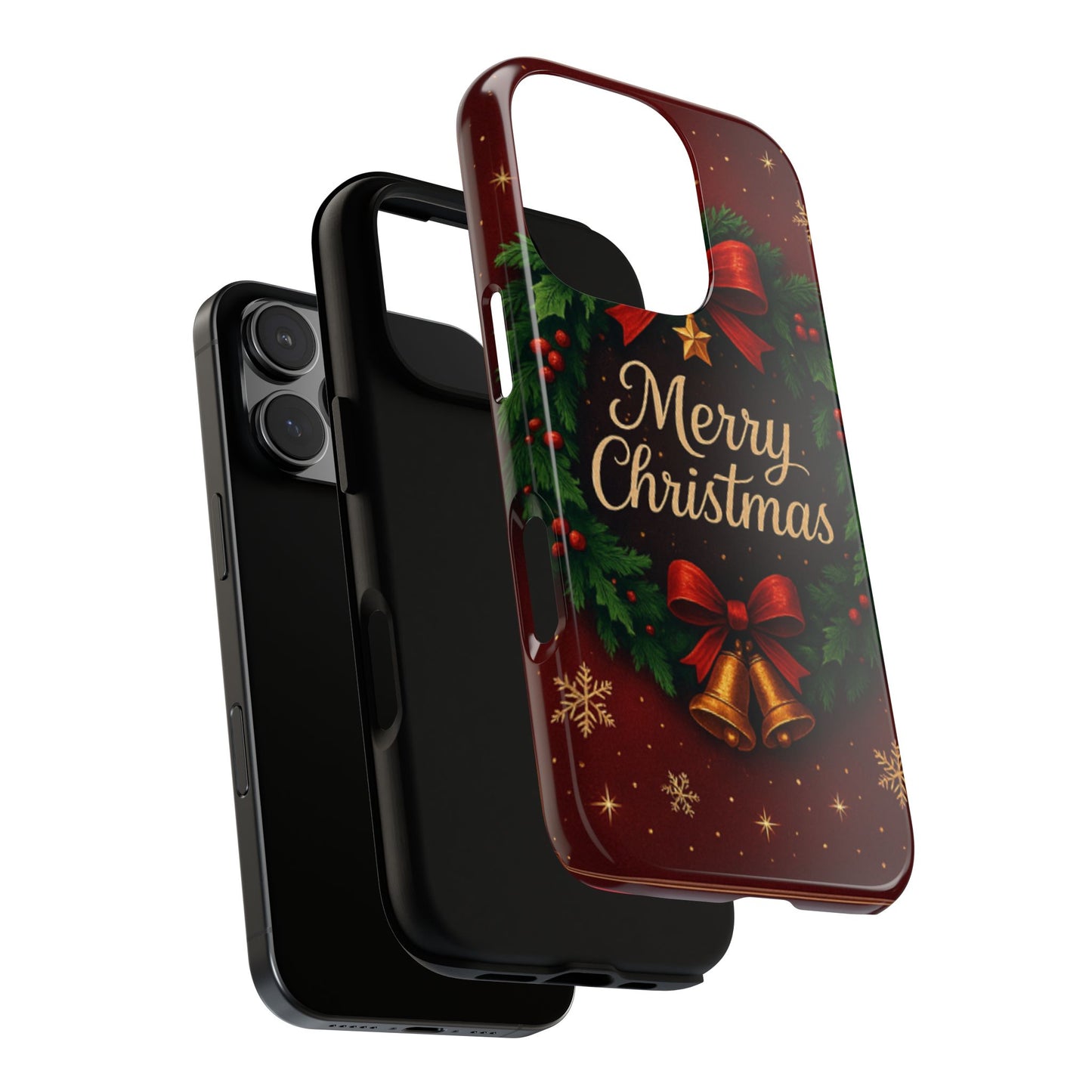Merry Christmas Tough Phone Case — Festive Wreath & Bells Holiday Cover