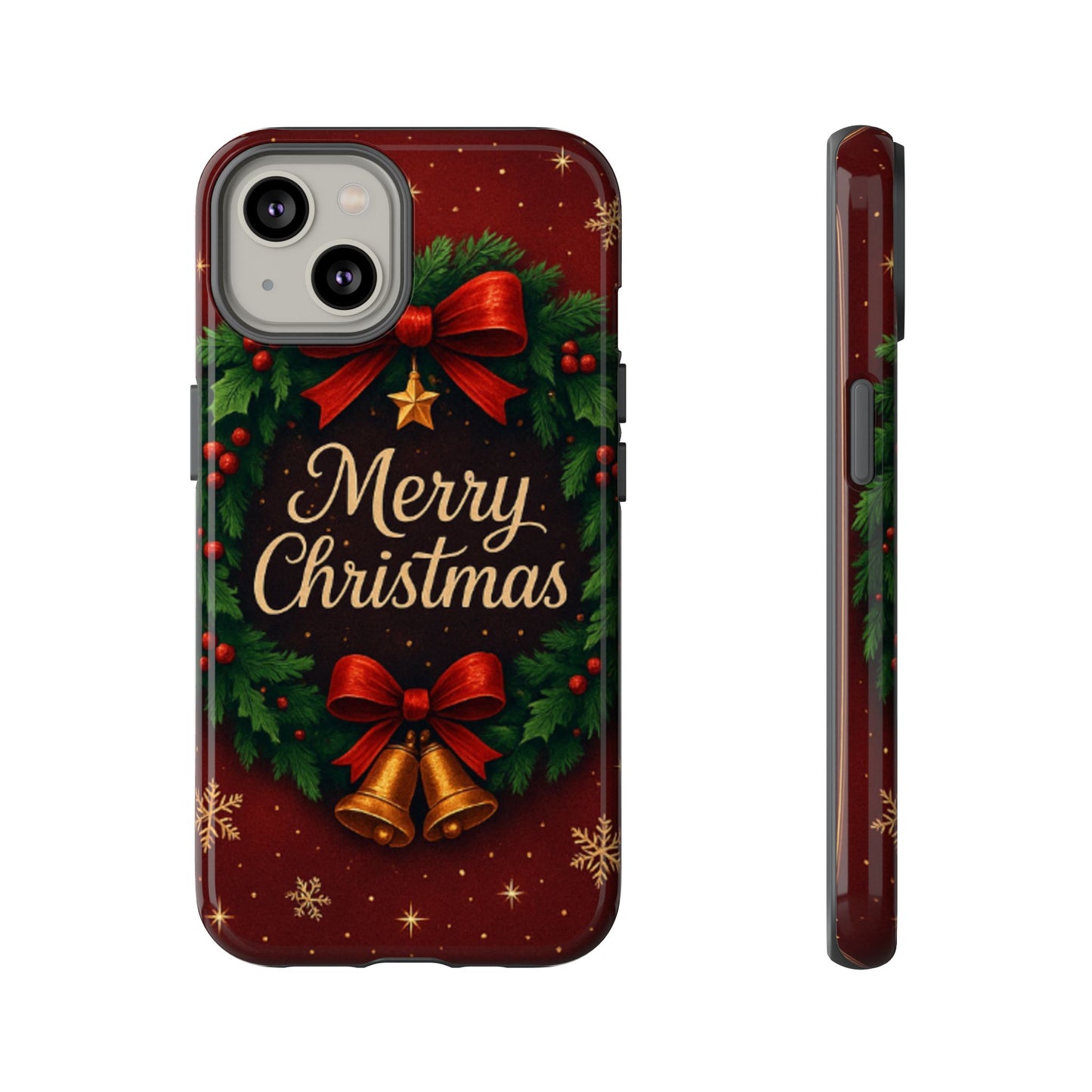 Merry Christmas Tough Phone Case — Festive Wreath & Bells Holiday Cover