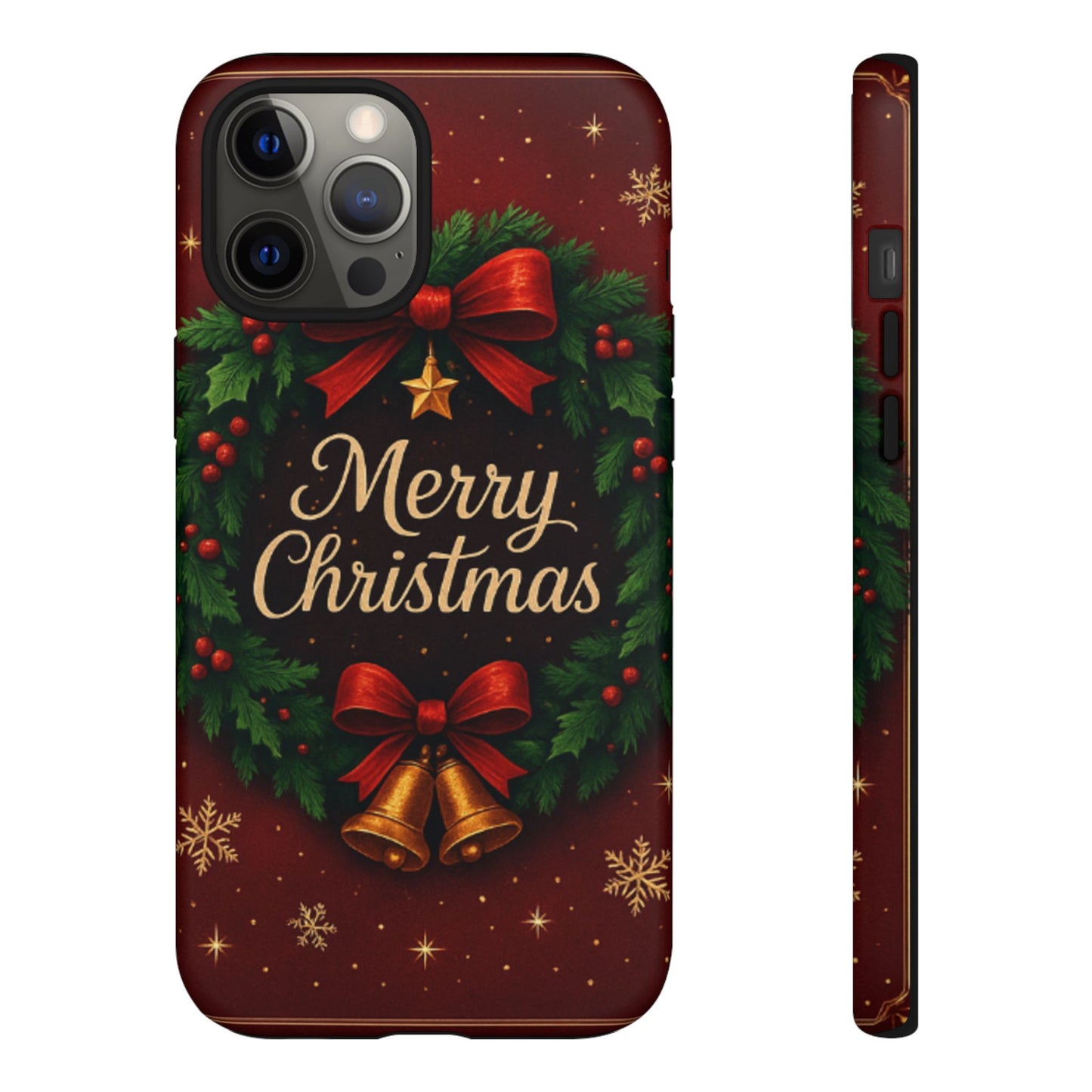 Merry Christmas Tough Phone Case — Festive Wreath & Bells Holiday Cover