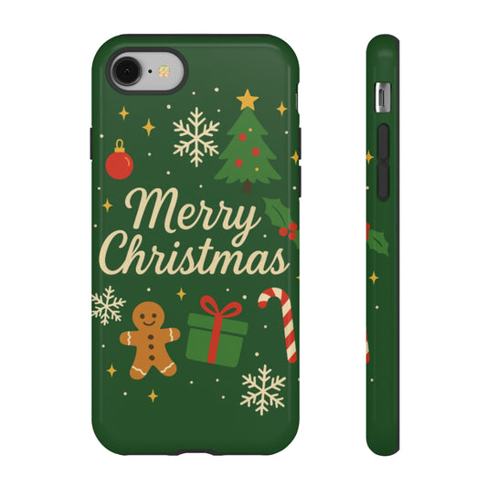 Merry Christmas Phone Case — Festive Holiday Green Case with Gingerbread & Candy Cane