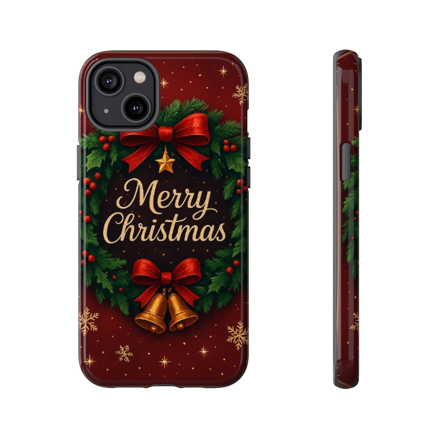 Merry Christmas Tough Phone Case — Festive Wreath & Bells Holiday Cover