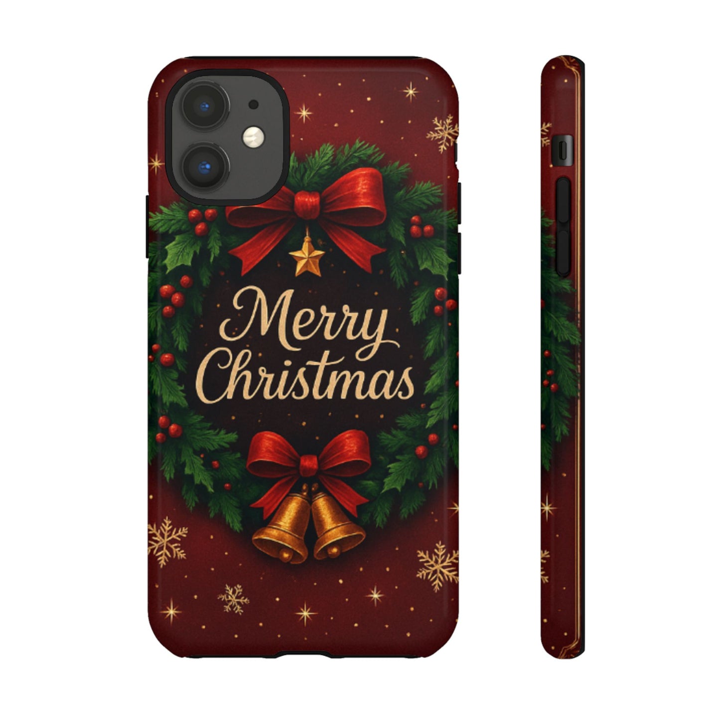 Merry Christmas Tough Phone Case — Festive Wreath & Bells Holiday Cover