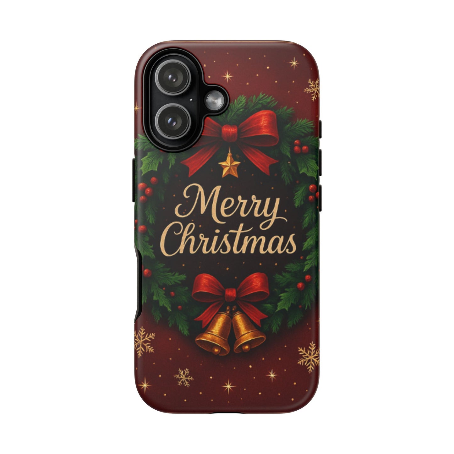 Merry Christmas Tough Phone Case — Festive Wreath & Bells Holiday Cover