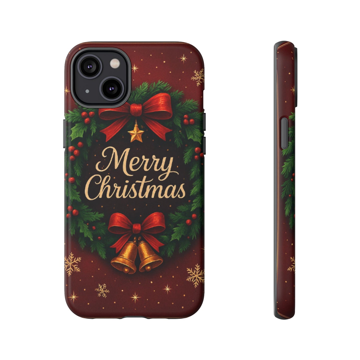 Merry Christmas Tough Phone Case — Festive Wreath & Bells Holiday Cover