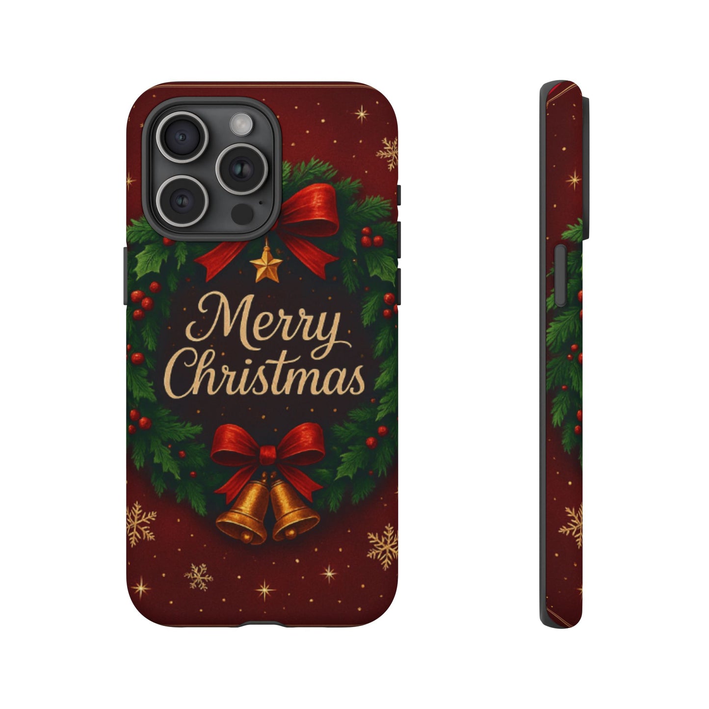 Merry Christmas Tough Phone Case — Festive Wreath & Bells Holiday Cover